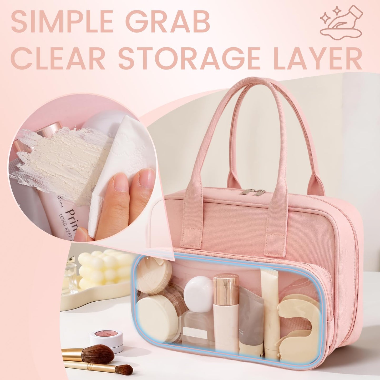 SODEER Toiletry Bag with Clear Window,Lightweight Travel Makeup Organizer with Handle,Ita Bag Style for Cosmetics & Pins,Pink
