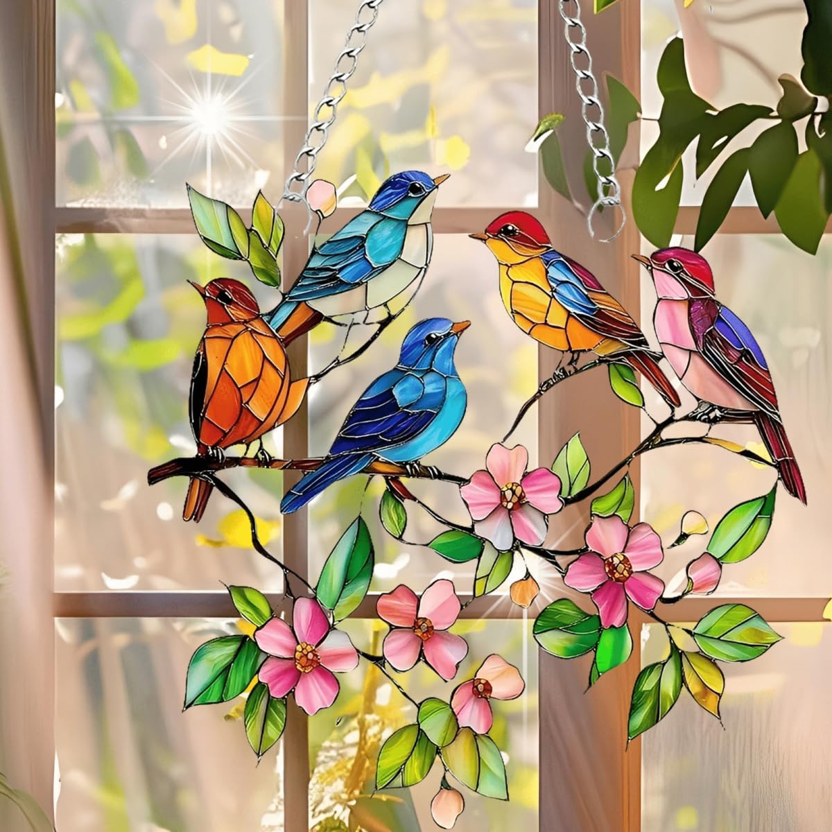 Acrylic Birds with Flowers Suncatcher - 7.08 Inch Stained Glass Style Window Decor | Rainbow Maker Wall Art & Garden Ornament
