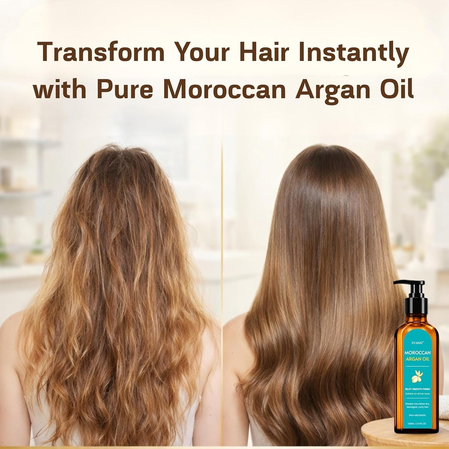 XYJIAXI Argan Oil – Nourishing & Smoothing Hair Oil for Long, Dry, Frizzy,Curly& Damaged Hair – Moroccan Hair Oil Treatment for Frizz Control & Heat Protection -3.4 oz