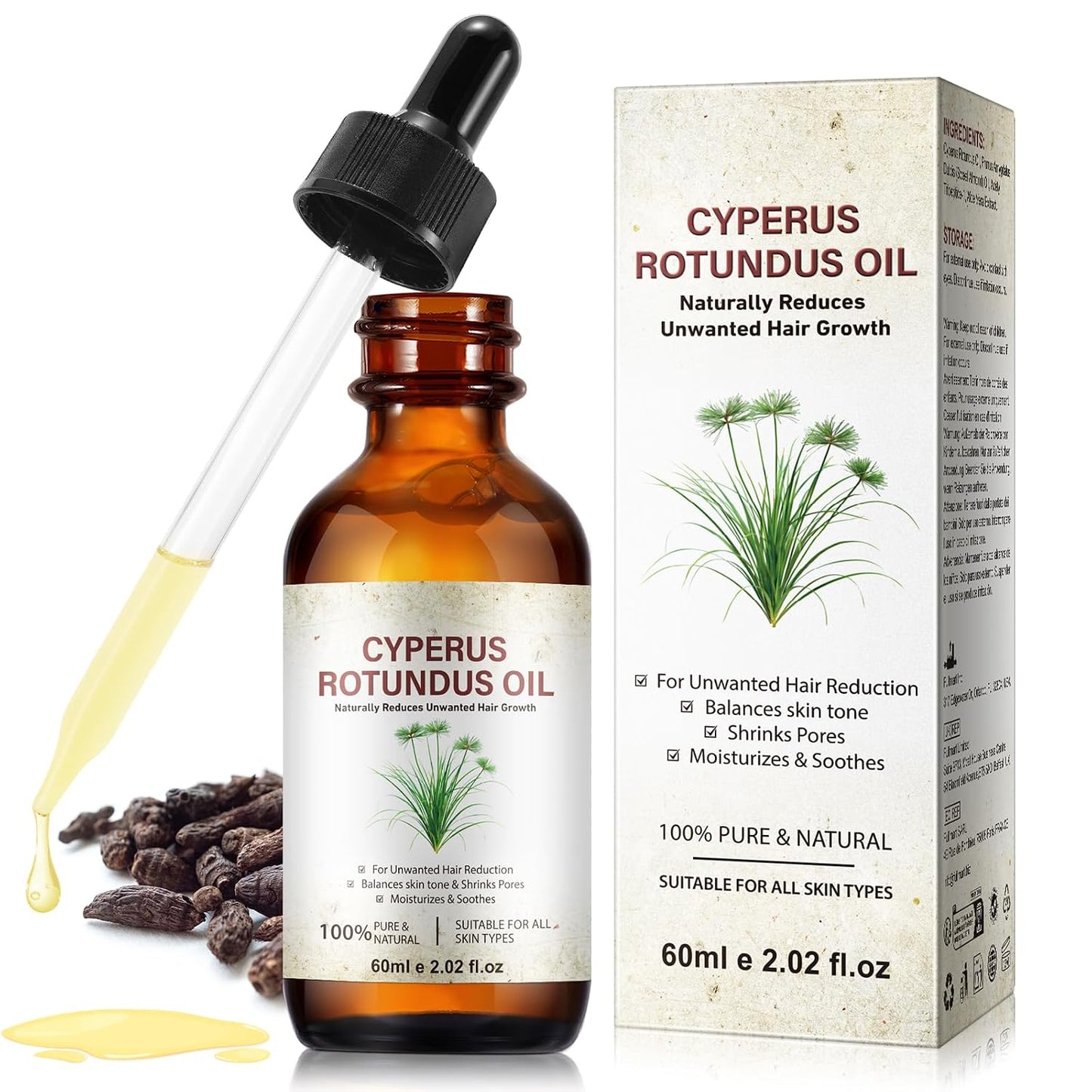 Cyperus Rotundus Oil Hair Removal | Natural Body Hair Growth Reducer, Pore Shrinkage & Skin Moisturizer - 60ml