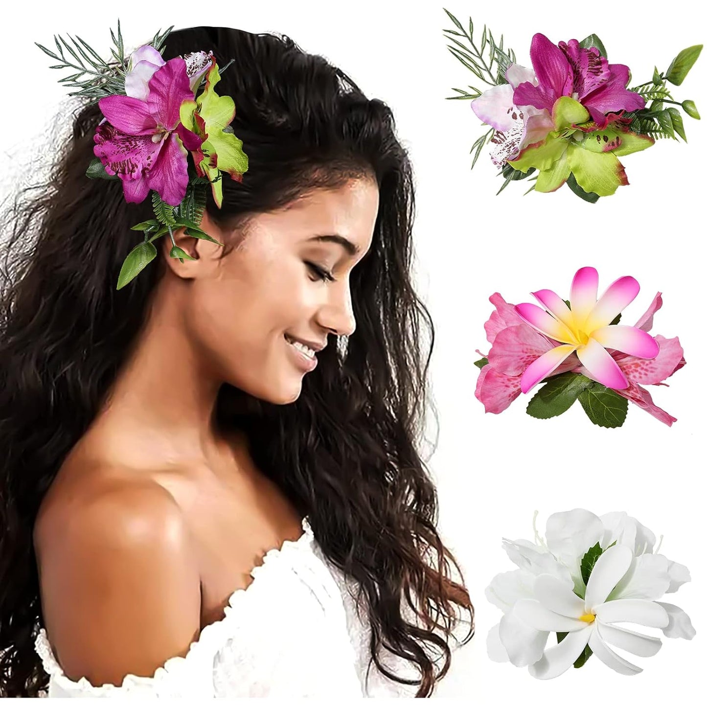 Hawaiian Flower Hair Clips - 3-Piece Set of Tropical Hair Pins | Artificial Floral Accessories in Blue, Pink, Purple