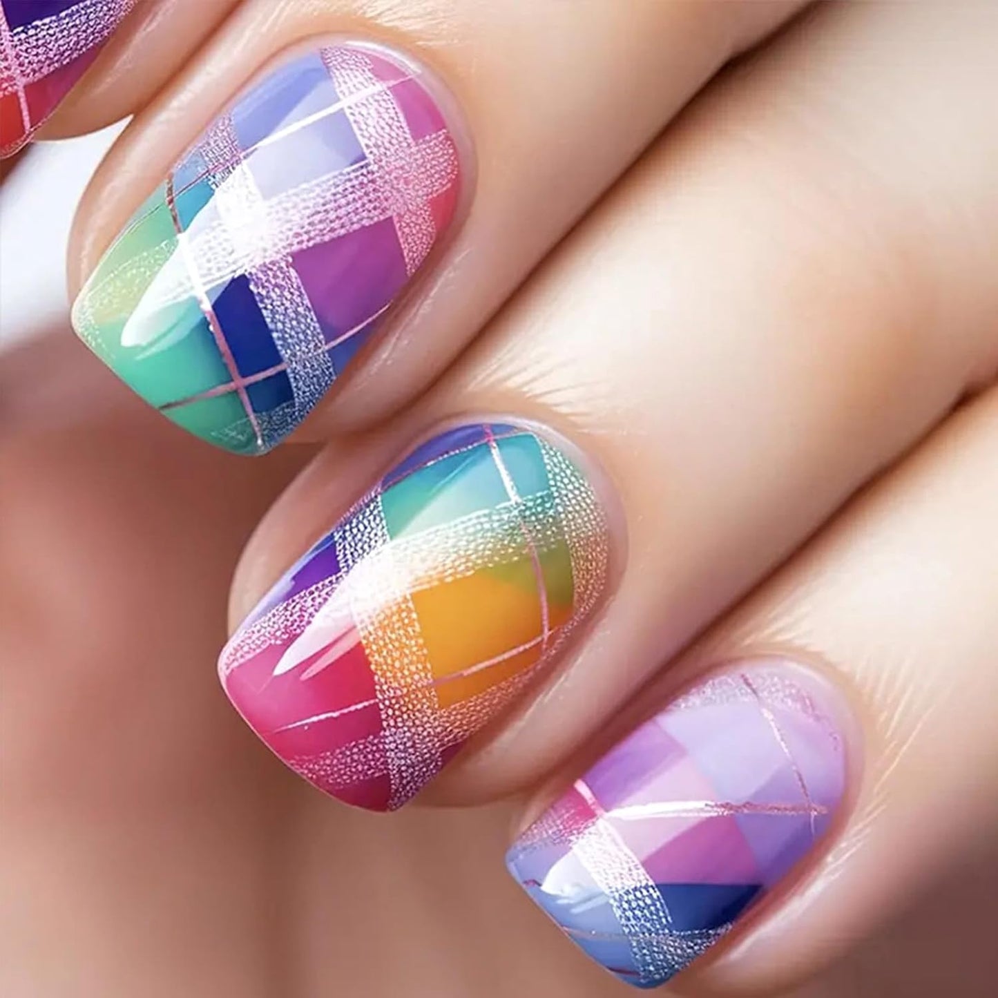 Medium Square Blue Wave Press-On Nails - Glossy Gradient Glitter Design | 24 Reusable Summer Nails for Women