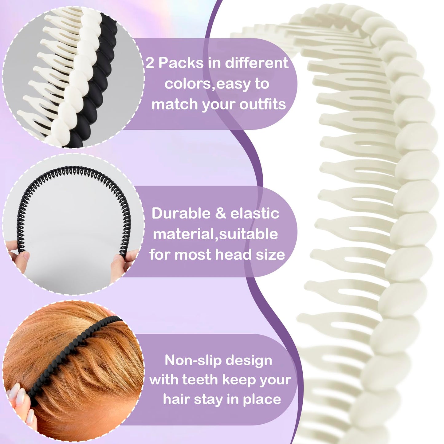Incinkod 2 Pcs Headbands With Teeth, Comb Headbands for Women, Headband for Women with Teeth, Plastic Headband With Teeth (4.3''×0.7'', Black+White)