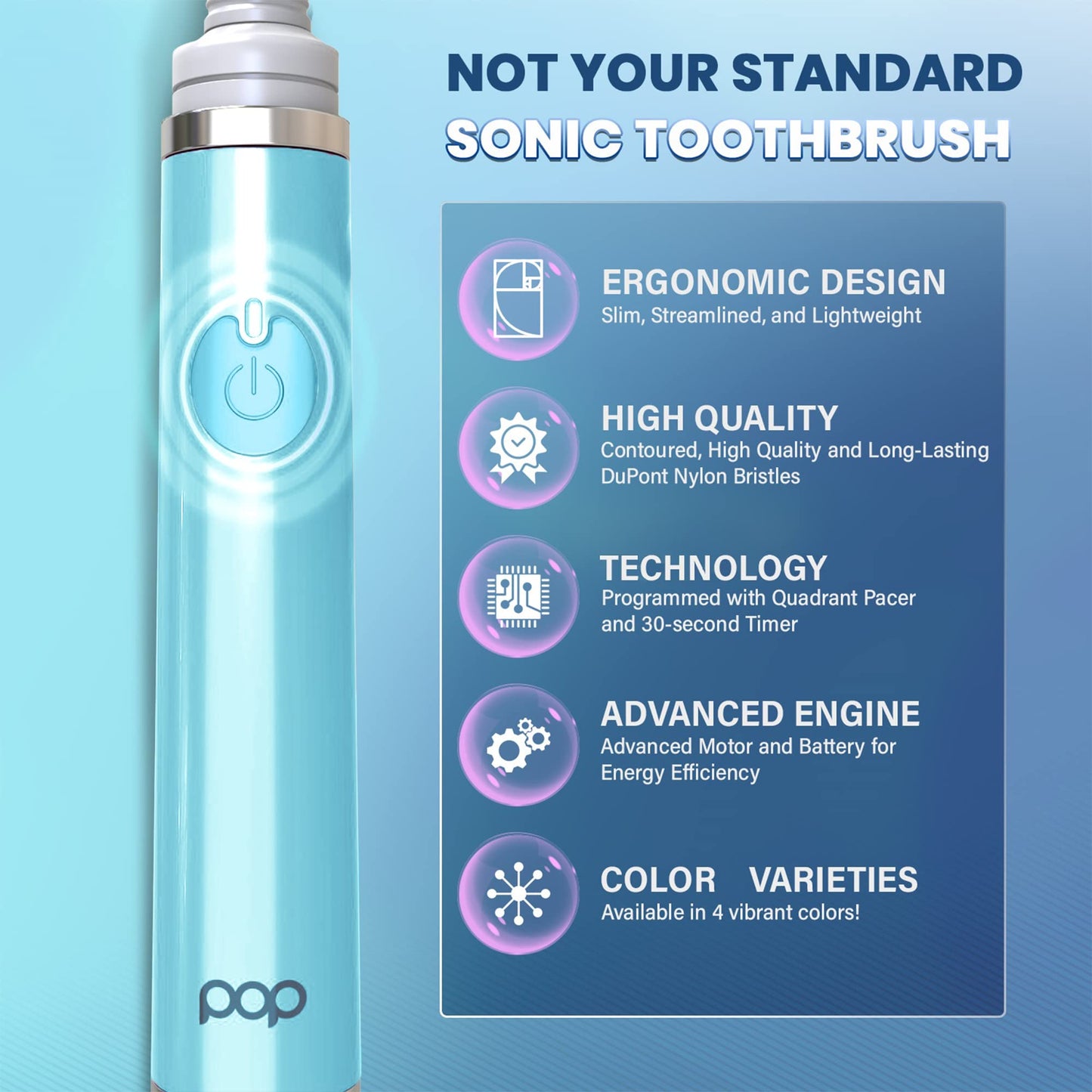 Pop Sonic Ultimate Pro Rechargeable Toothbrush (Hawaiian Blue) - 40,000 Strokes/Min - Long-Lasting Nylon Bristles - Teens & Adults with Quadrant Pacer & Timer