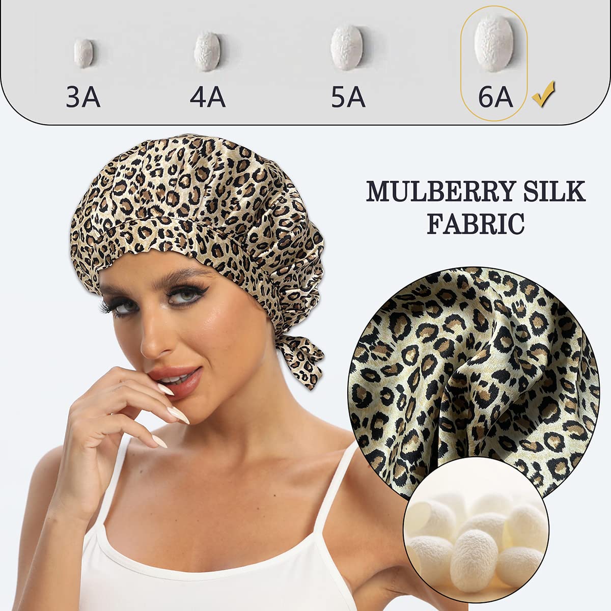 100% Mulberry Silk Bonnet for Sleeping - Double Layer Adjustable Hair Cap | Breathable Leopard Print, 19 Momme
