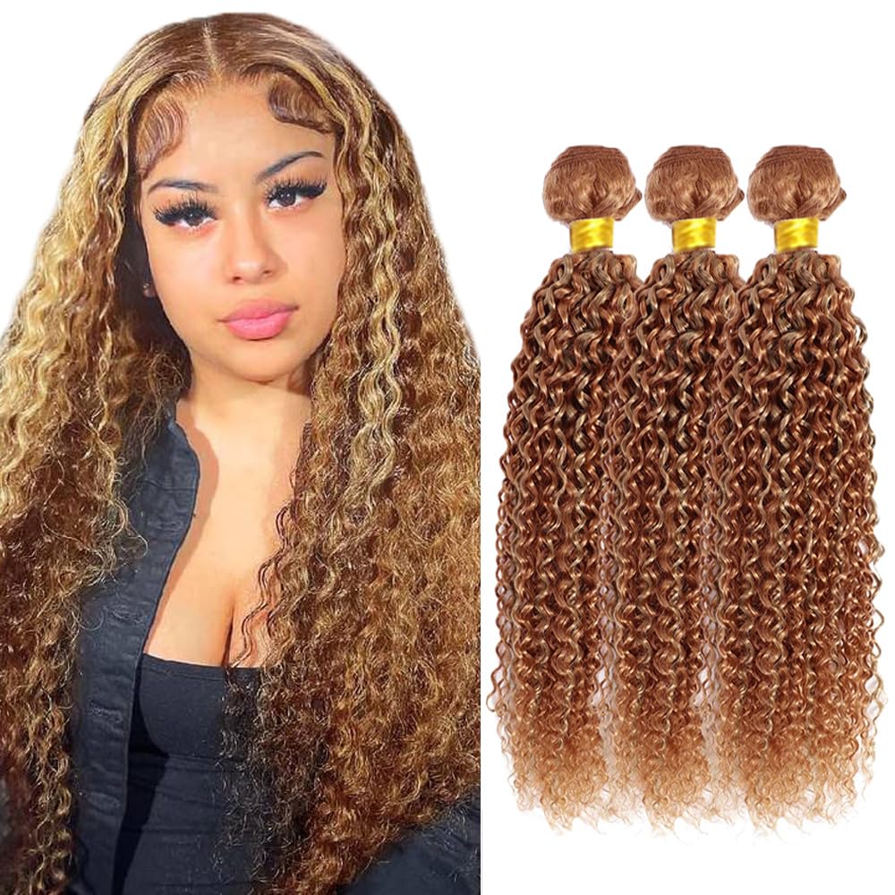 P27/30 Bundles Human Hair Light Brown Kinky Curly Bundle Brazilian Virgin Remy Hair 3 Bundles 24 24 24 Inch Double Weft 2 Tone Honey Blonde Mixed With Light Brown Curly Bundle