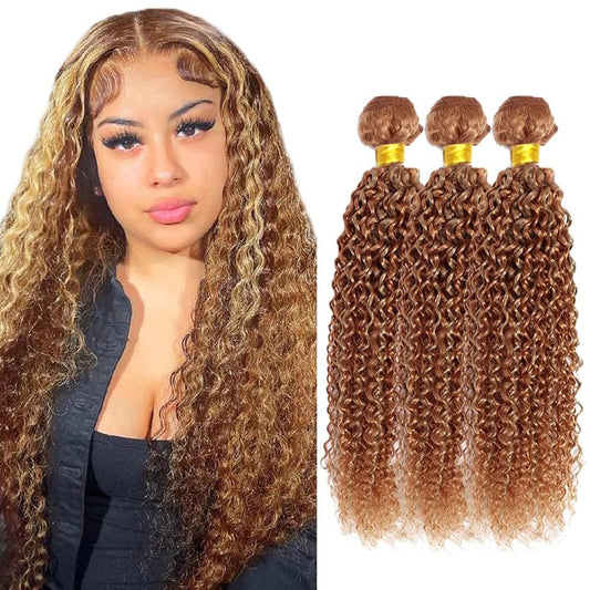 P27/30 Bundles Human Hair Light Brown Kinky Curly Bundle Brazilian Virgin Remy Hair 3 Bundles 24 24 24 Inch Double Weft 2 Tone Honey Blonde Mixed With Light Brown Curly Bundle