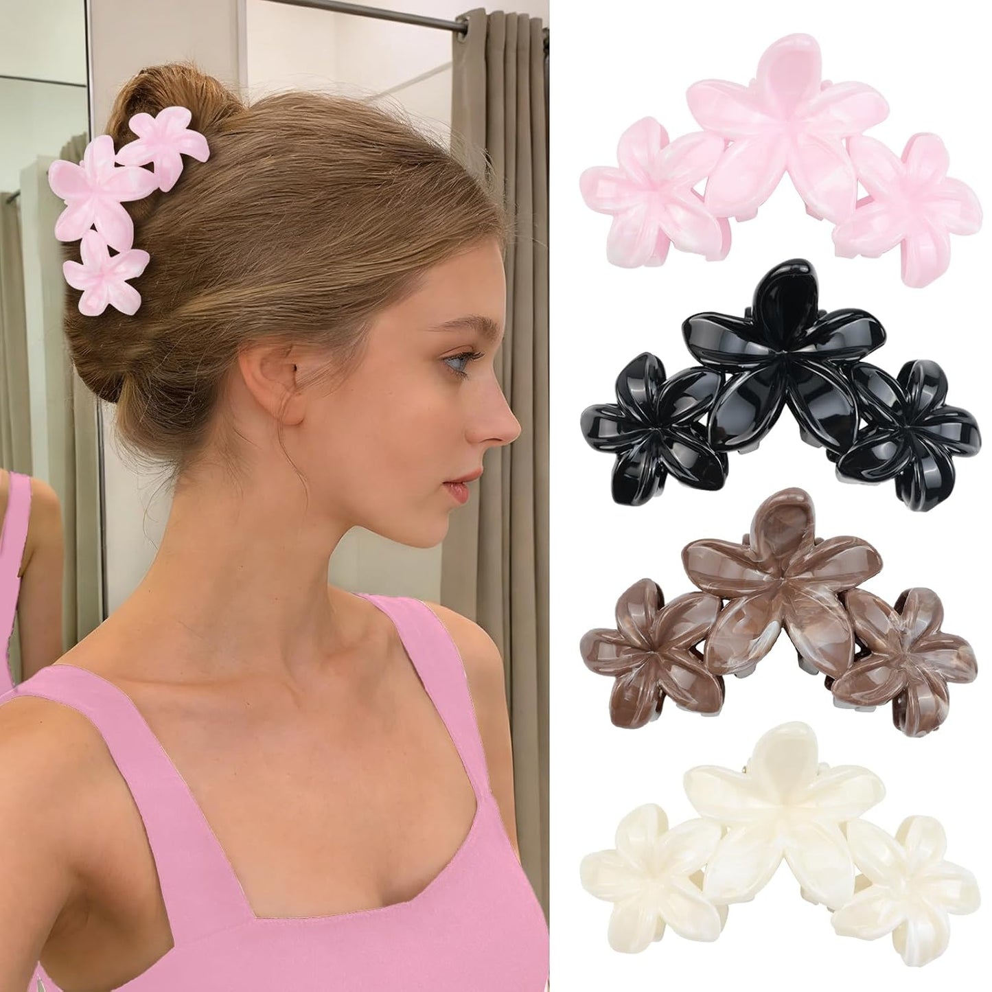 Cute Hawaiian Flower Claw Hair Clips - 4Pcs Large Clips for Thick or Thin Hair | Pink & Red Beach Accessories