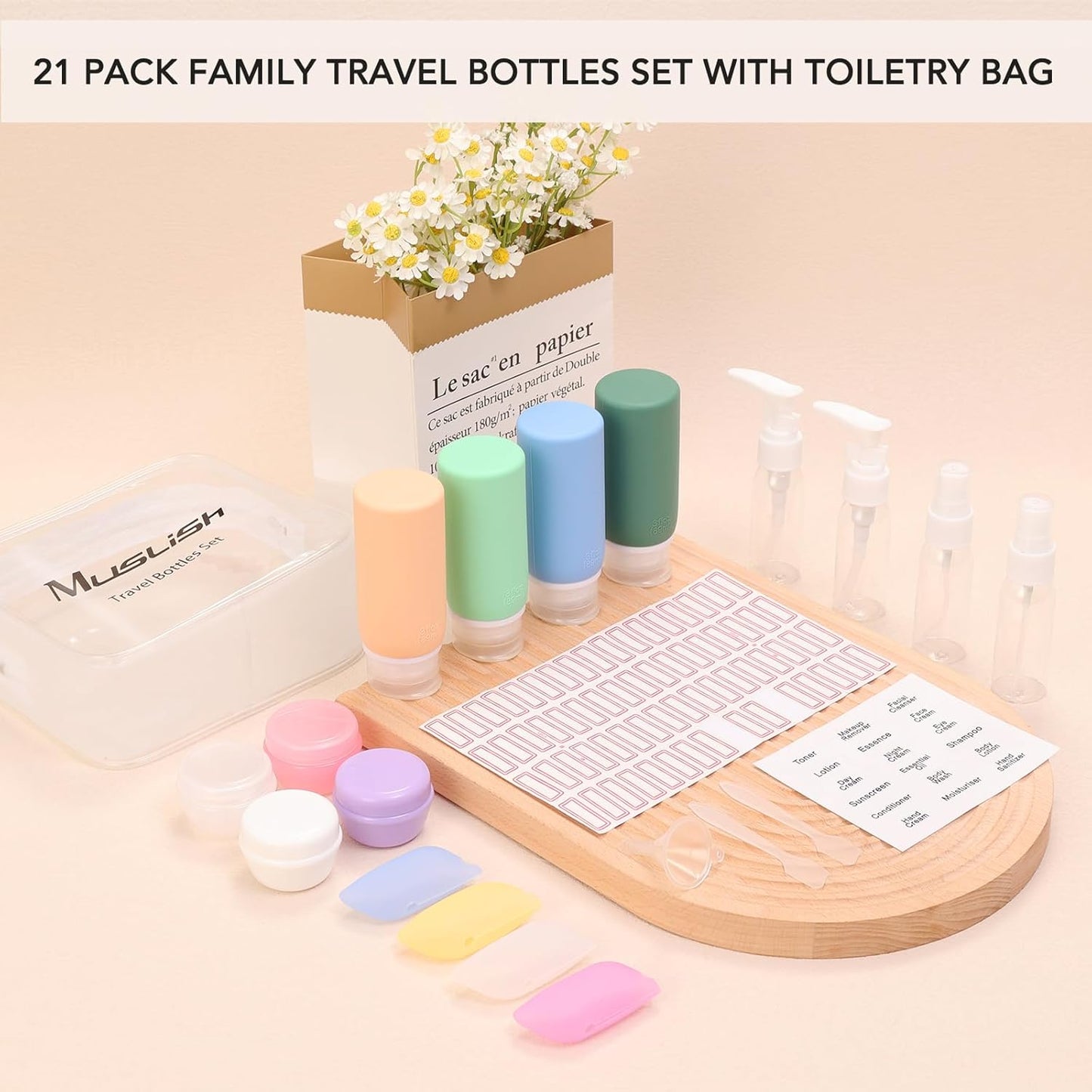 Travel Bottles for Toiletries - 21 Pack Leak-Proof Silicone Containers | TSA Compliant, BPA Free, Green