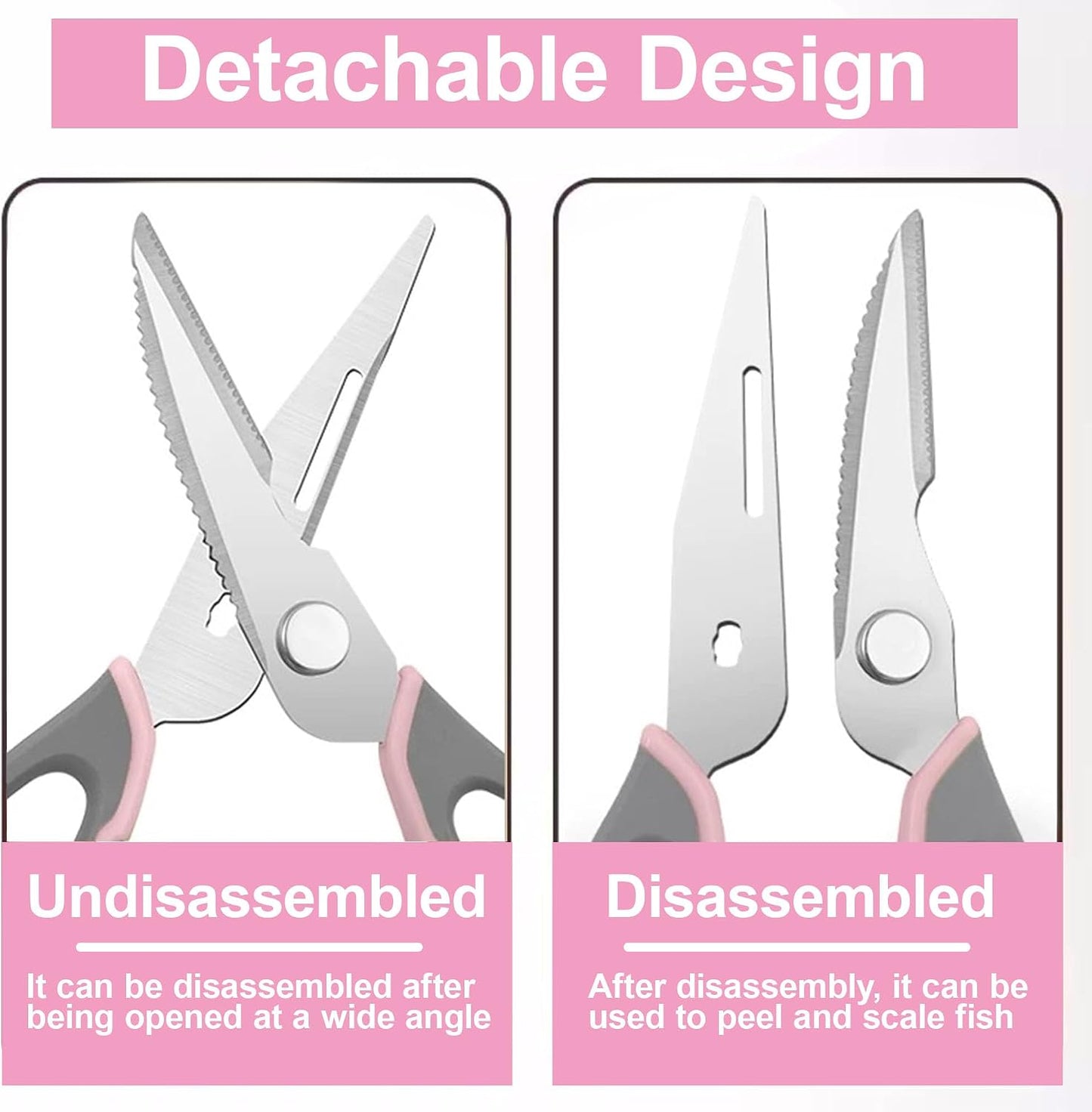 Heavy Duty Kitchen Shears - Dishwasher Safe Stainless Steel Scissors for Meat, BBQ & Cooking | Pink