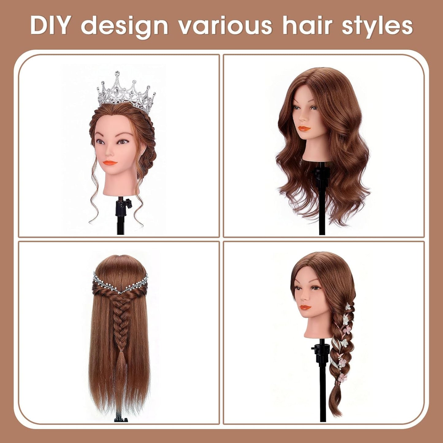 Real Hair Mannequin Head for Cosmetology | 100% Human Hair Styling Practice Doll with Clamp Holder (Dark Brown)