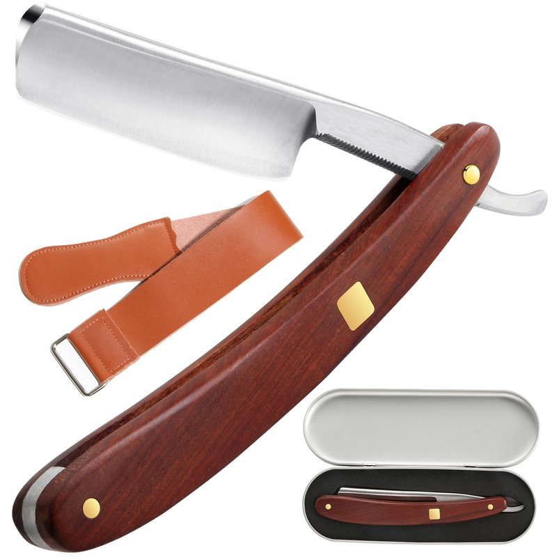 Straight Razors for Men with Wooden Handle and Premium Steel Blade - Complete Barber Razor Set with Leather Strop and Travel-Friendly Iron Box