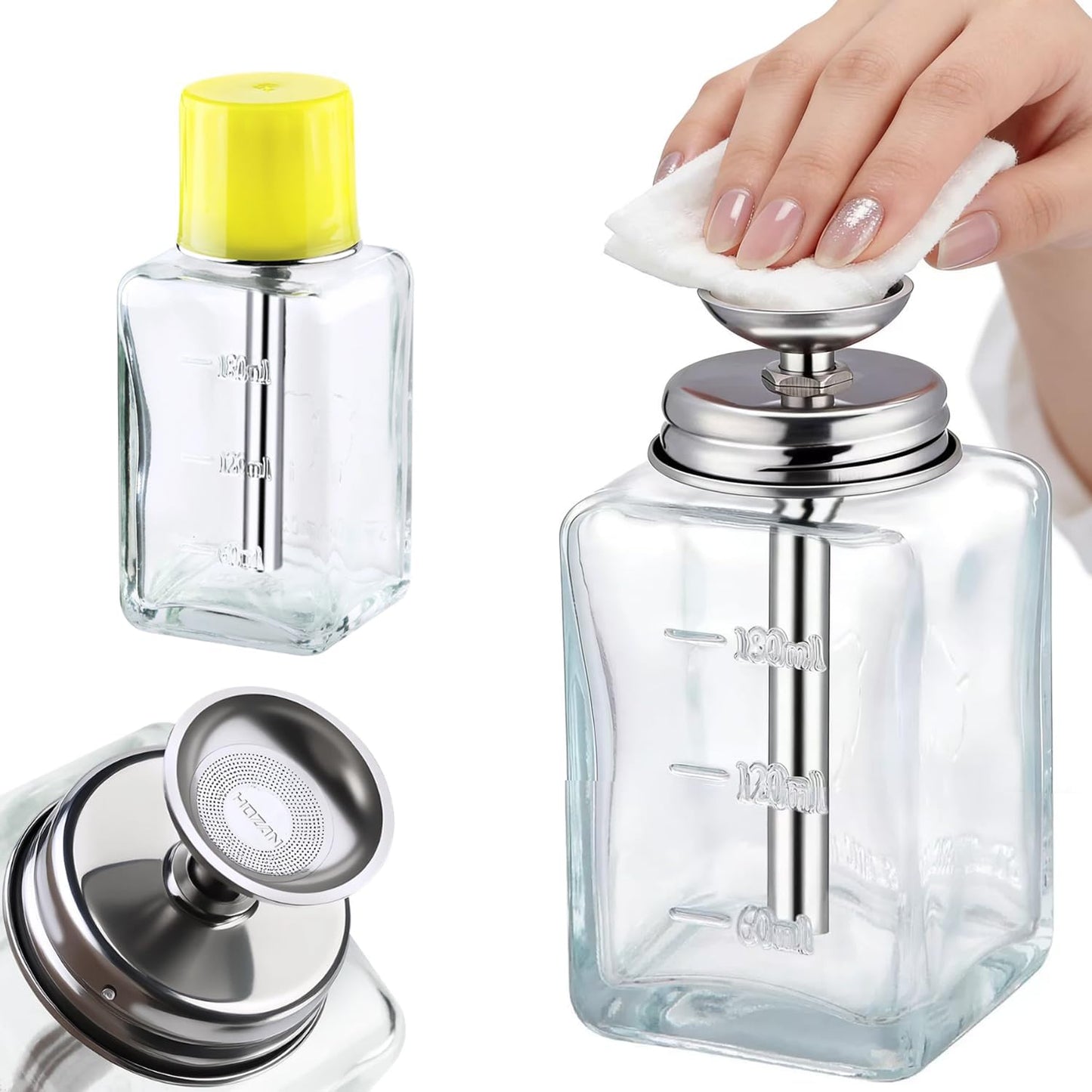 Glass Push Down Pump Dispenser Bottle - 6 Oz Clear Refillable Container for Alcohol & Makeup | Square Shape