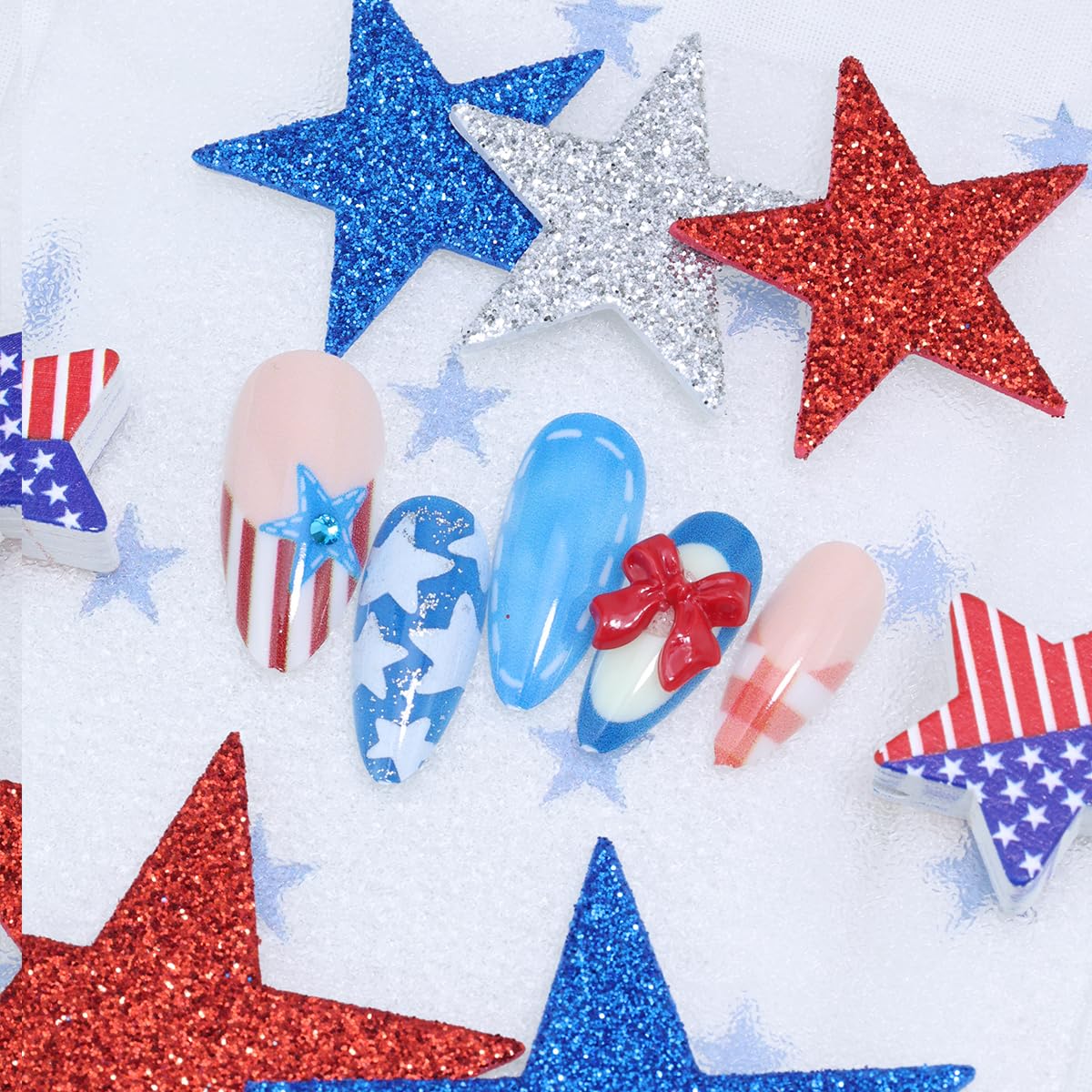 Independence Day Press-On Nails - 30Pcs Medium Almond Shape with 3D Red & Blue Bow Designs | Patriotic French Tip Full Cover