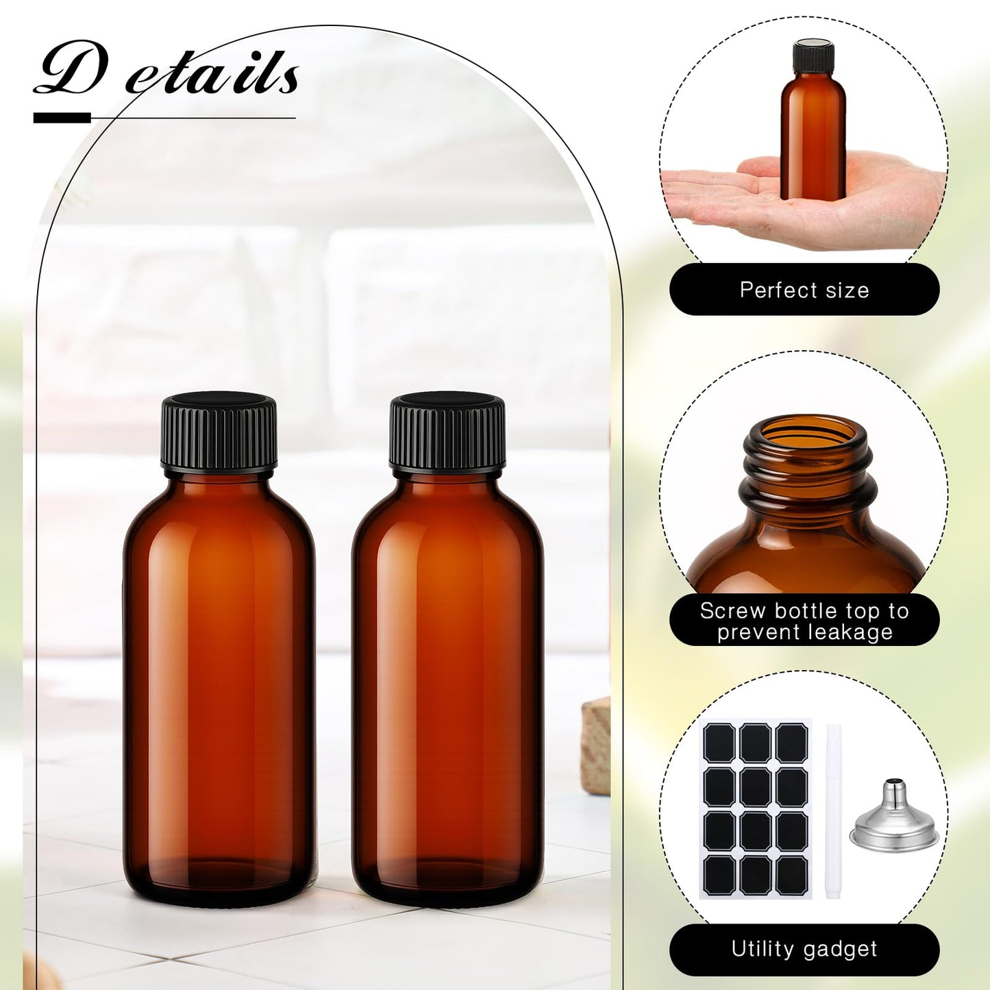 Hsei 100 Pcs 1 oz Amber Glass Boston Round Bottles with Black Cap Brown Sample Bottle Small Glass Containers with Lids and Funnel Chalk Labels Pen for Vanilla Extract Essential Oils