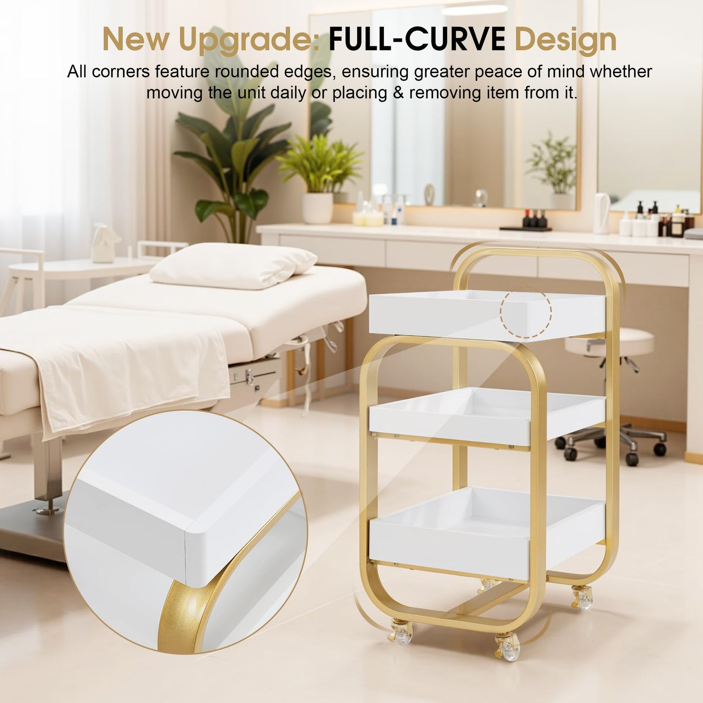 BarberPub Salon Storage Trolley with Shelves, Beauty SPA Rolling Cart with Lockable Wheels, 3-Tier Stylist Tool Organizer, Barber Mobile Station Equipment 2085 (Gold&White)