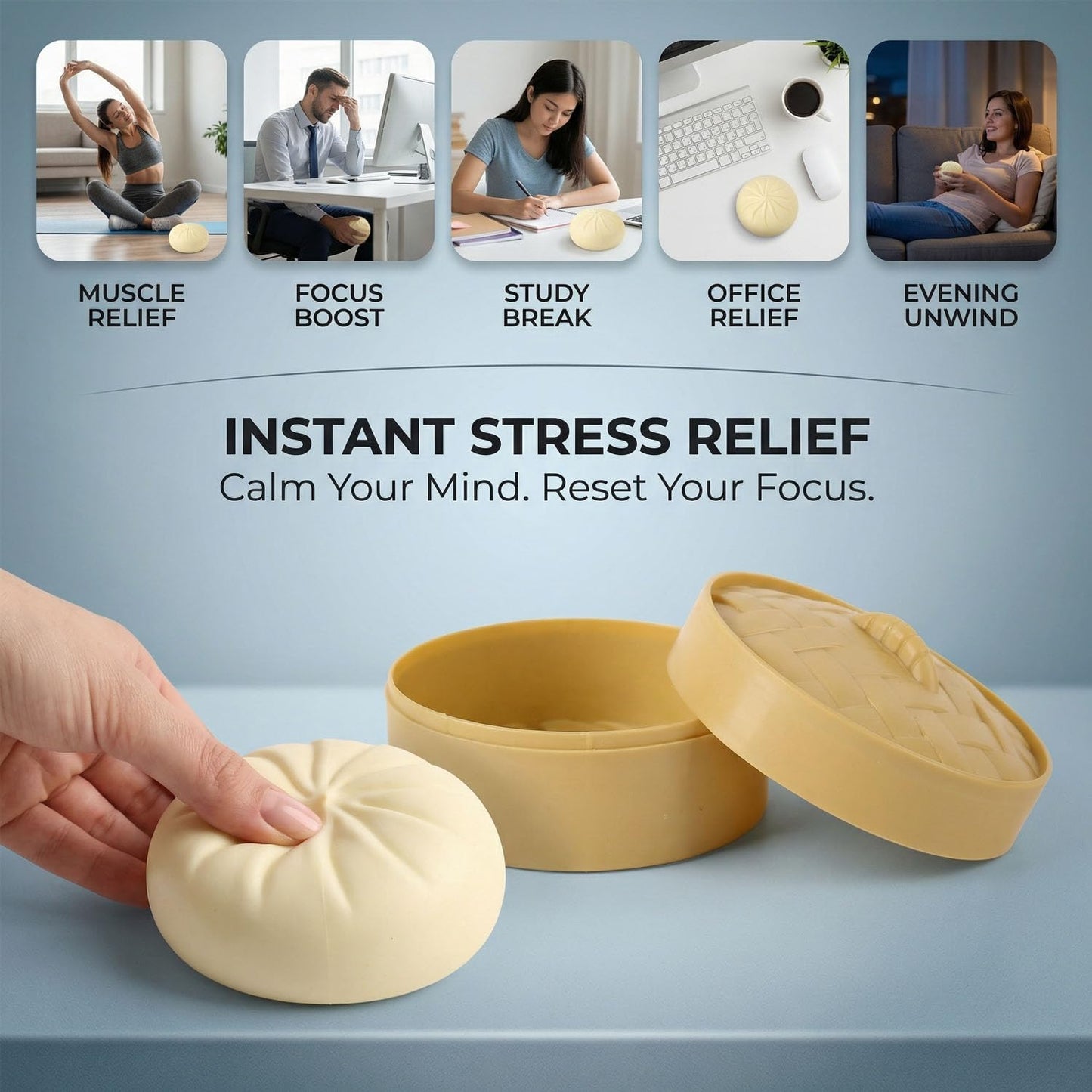 Dumpling Squishy Stress Relief Fidget Toy - Realistic Steamed Bun | Cute Desk Decor for Adults & Teens, White