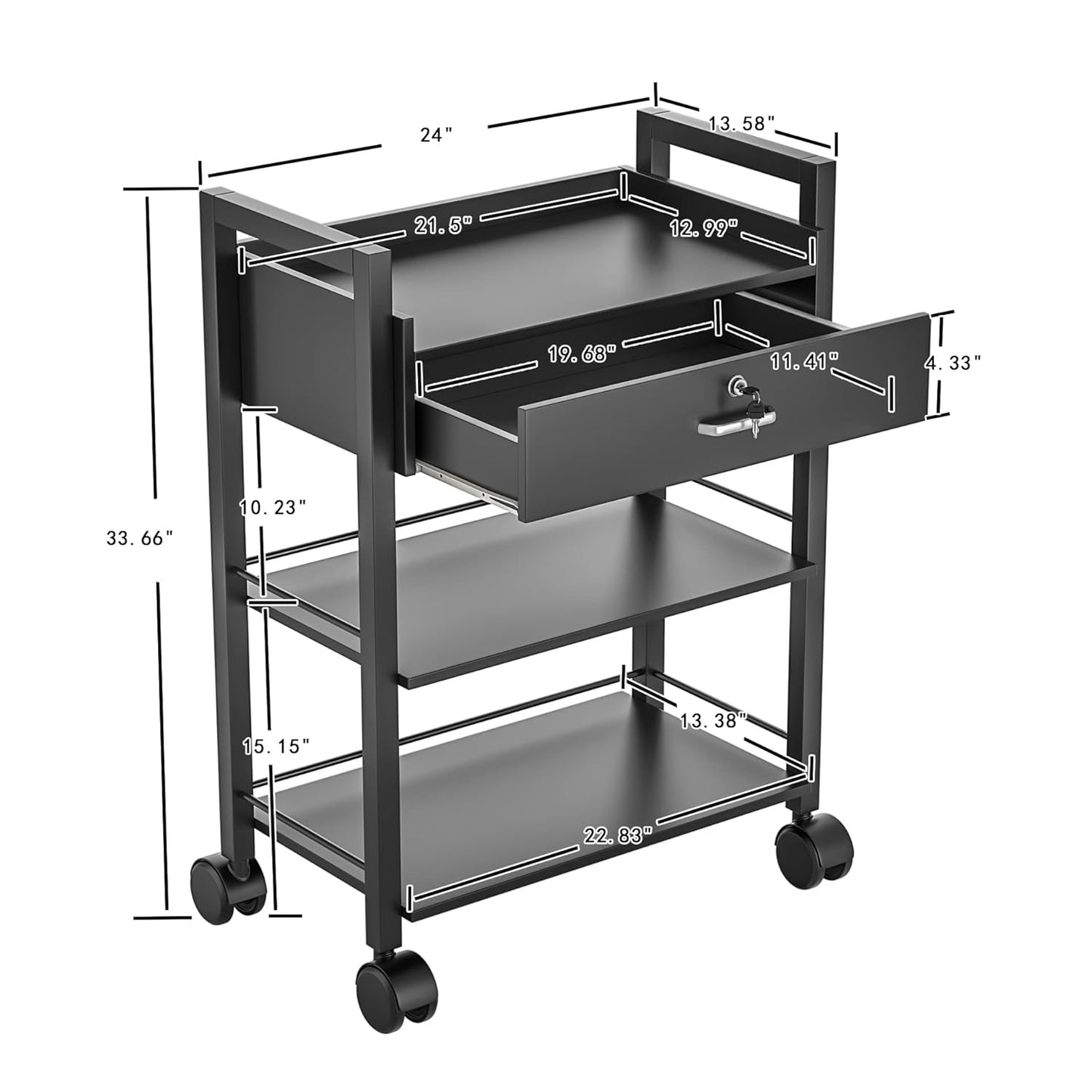 Salon Trolley Cart - Mobile Wooden Utility Cabinet with 1 Drawer & 2 Trays | Rolling Storage Station for Beauty Spa - Black