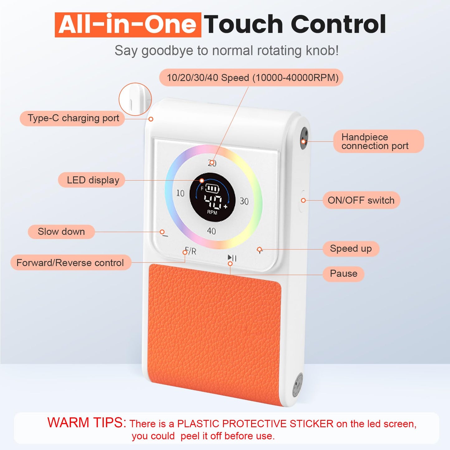 HoMove Professional Nail Drill, 40,000RPM Brushless Electric Nail File, Cordless Rechargeable Portable Nail Efile Machine