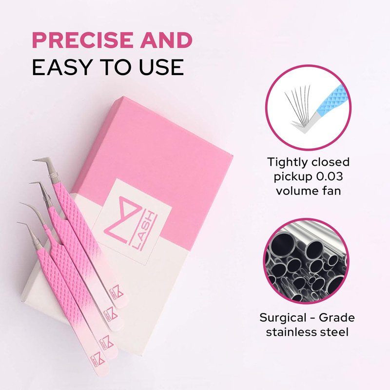 M LASH Tweezers for Eyelash Extensions (Set of 4) - Professional Lash Extension Tweezers - Fiber Tip, Japanese Steel, Diamond Grip Eyelash Extension Tweezer set (H-SET)