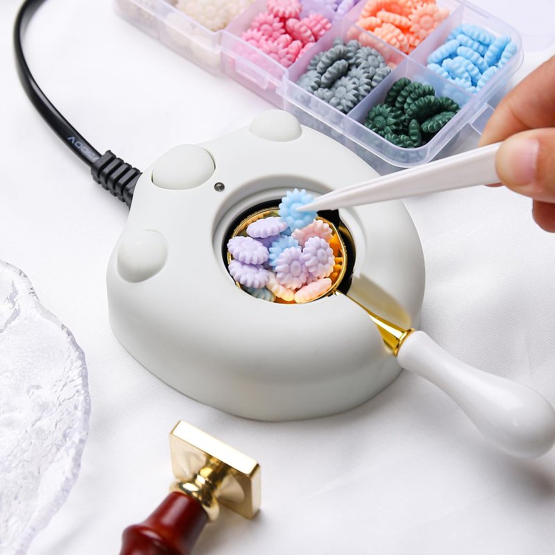 VSECUON Dual-Spout Electric Wax Seal Warmer White with Spoon Tweezers Stirring for Melting Wax Sealing Beads