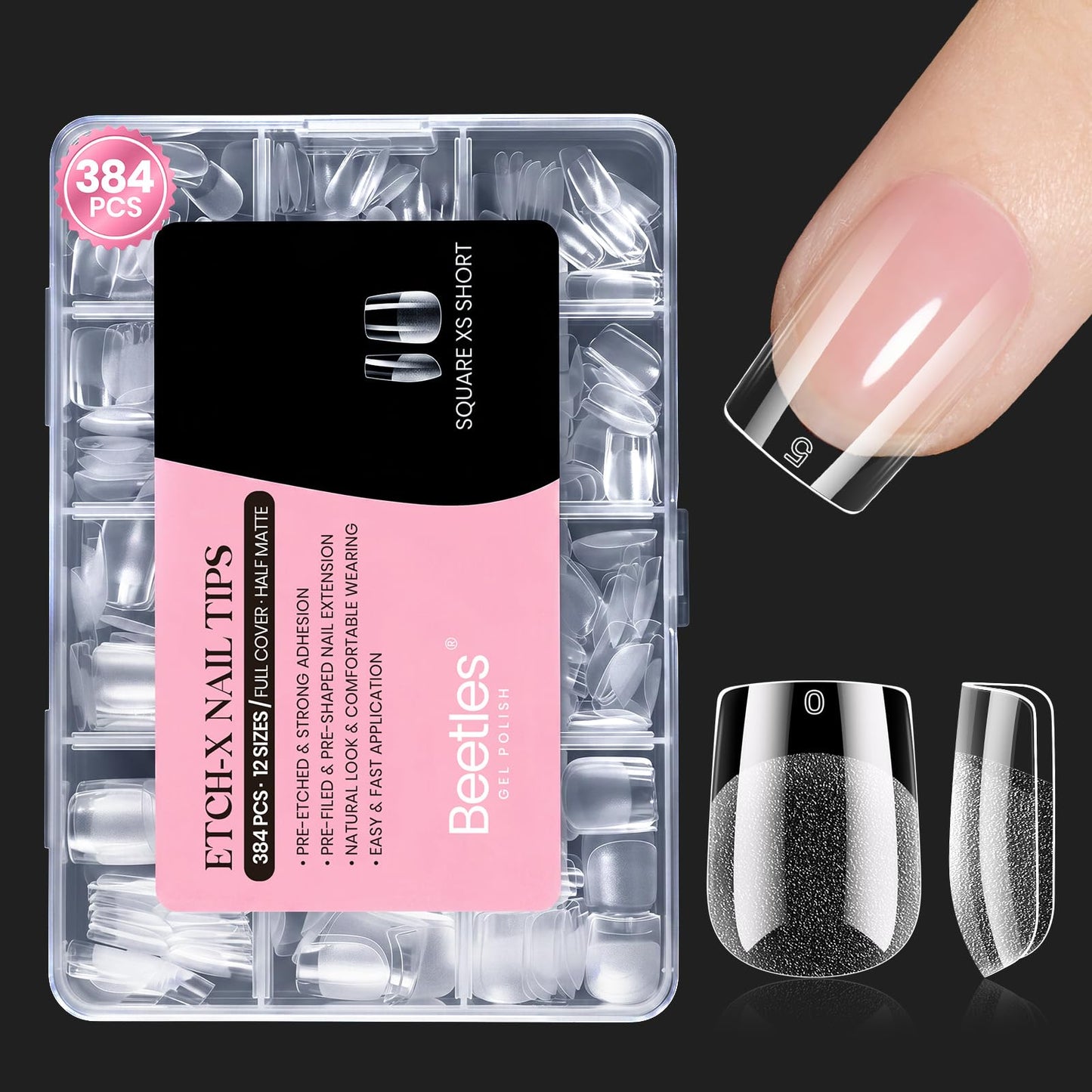 Beetles Gel Nail Tips Etch-X- Square Extra Short, 384pcs 12 Sizes, Pre-Etched Half Matte Full Cover Soft Gel Nail Tips, Press on False Nail Extension Acrylic Fake Nails, Easy DIY Salon Art