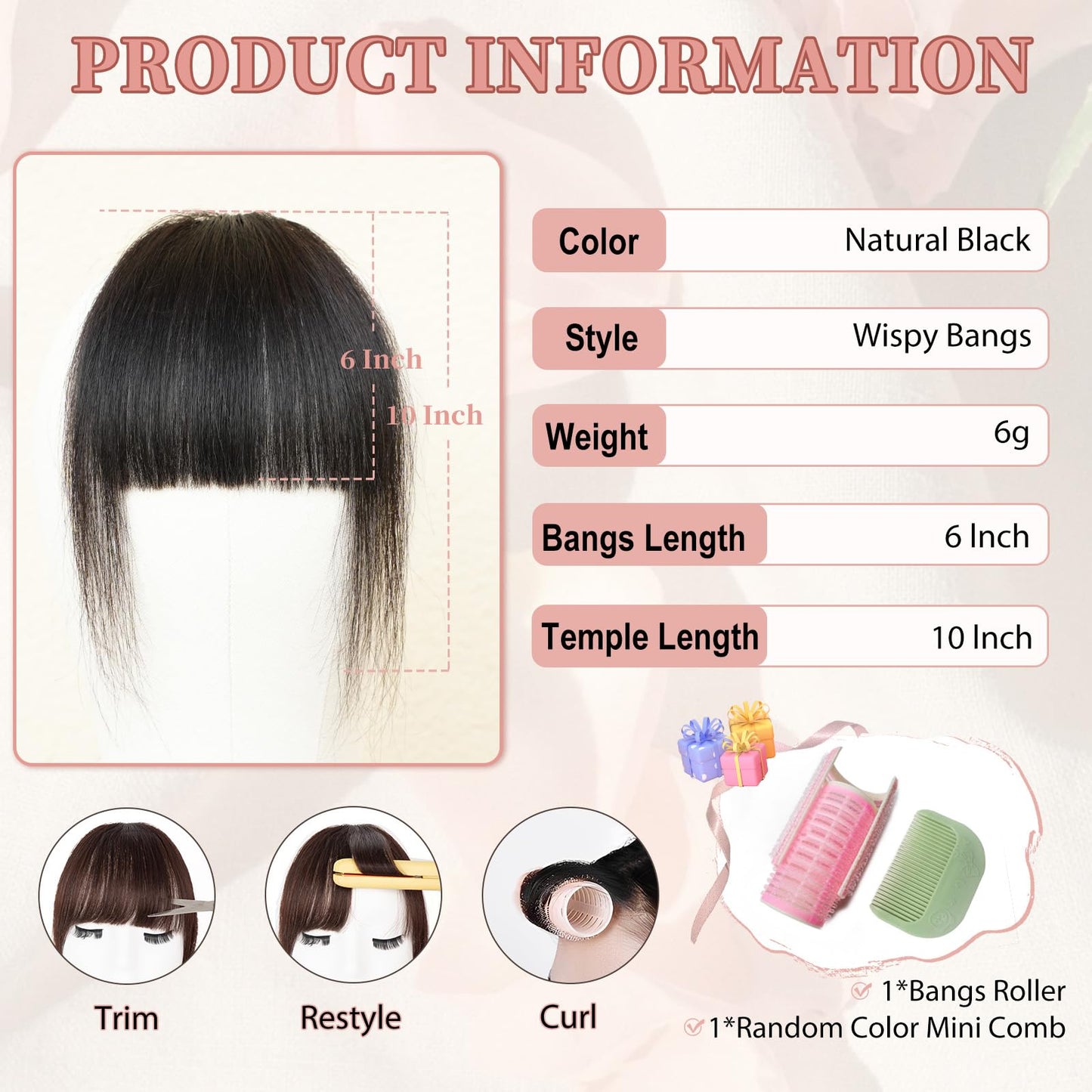 EINAEY Clip in Bangs, 100% Real Human Hair Natural Black Fake Bangs Clip in Hair Extensions Wispy Bangs Fringe with Temples Hairpieces for Women Curved Air Bangs for Daily Wear