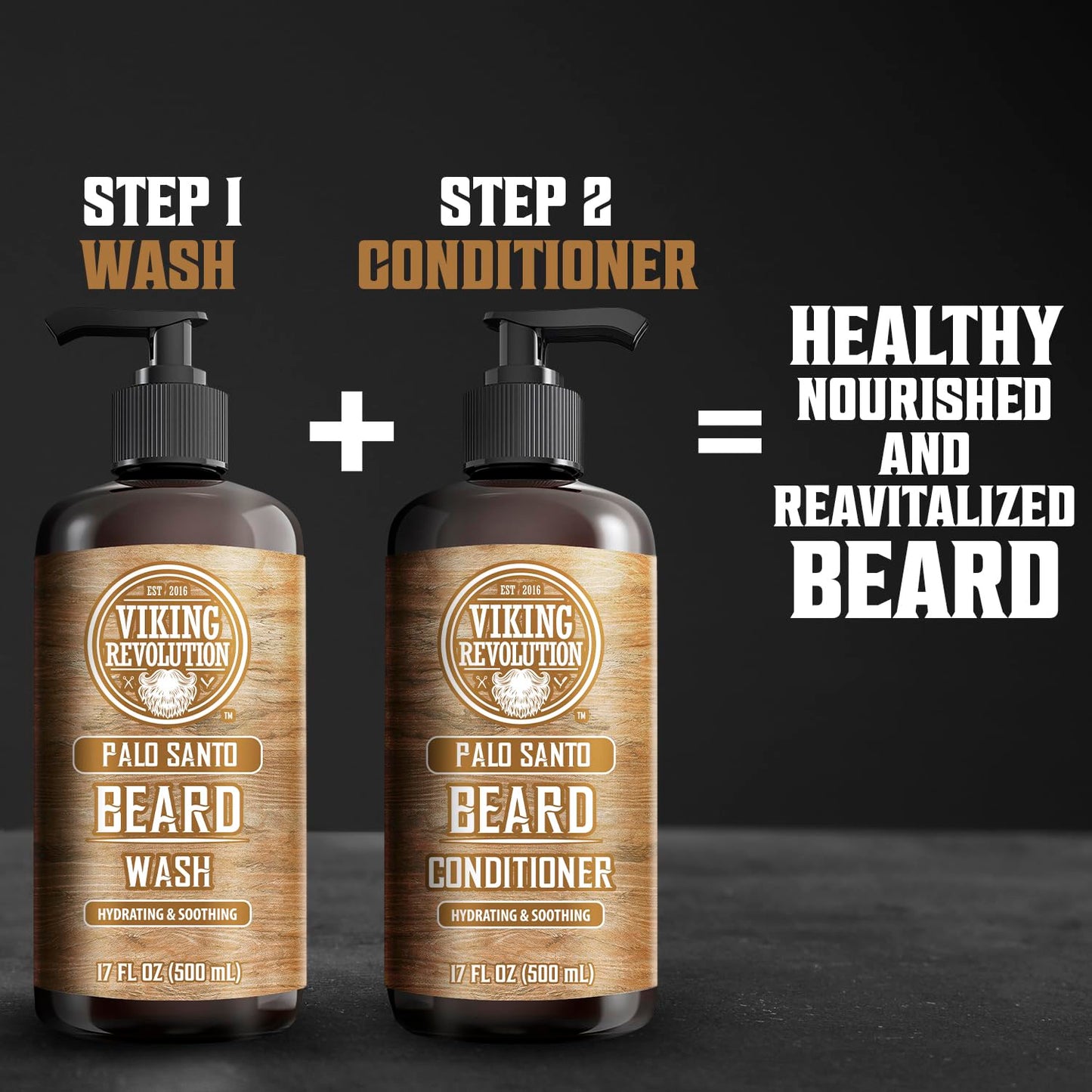 Viking Revolution Beard Wash & Beard Conditioner Set with Palo Santo Scent - Softens and Strengthens for Mens Hygiene Beard Shampoo with Beard Oil (2pack, 17 oz)