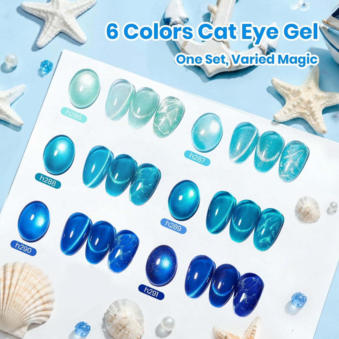 Beetles Cat Eye Gel Nail Polish Set - 6 Summer Glitter Colors | Mint Green, Icy Blue, Teal, Sapphire, Navy, 3D Shimmer Effect