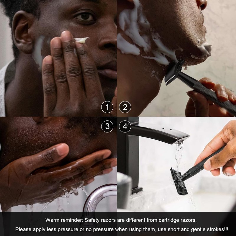 Double Edge Safety Razor with Stand, Single Blade Razors for Men and Women, Reusable Metal Razor, with 10 Stainless Steel Double Edge Blades, Smooth and Close Shave, Plastic Free, Matte Black