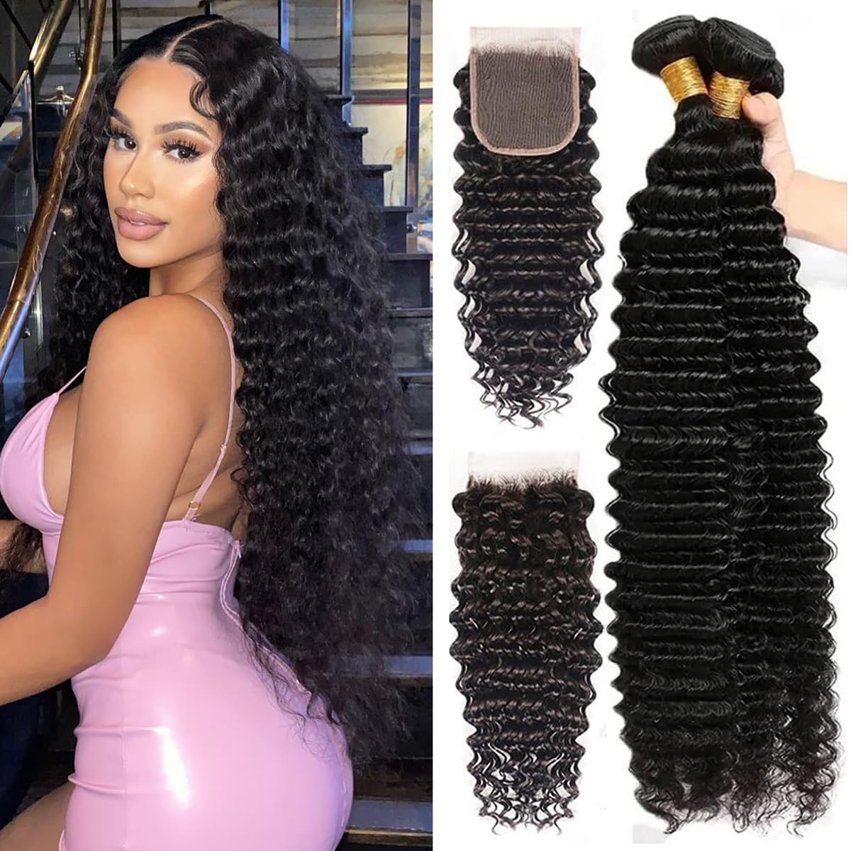 Deep Wave Human Hair Bundles - 12A Brazilian Virgin Hair Weave with 4x4 Lace Closure | Natural Black Color (26, 28, 30 + 22)