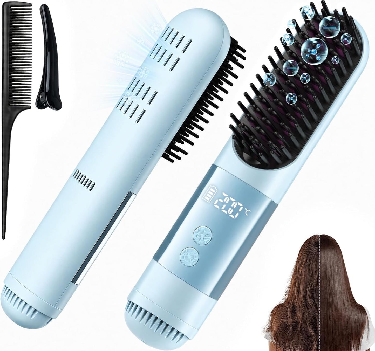 Cordless Hair Straightener Brush - 5-in-1 Portable Ionic Tool for Frizz-Free Styling | Rechargeable, Fast Heating, Anti-Scald Design