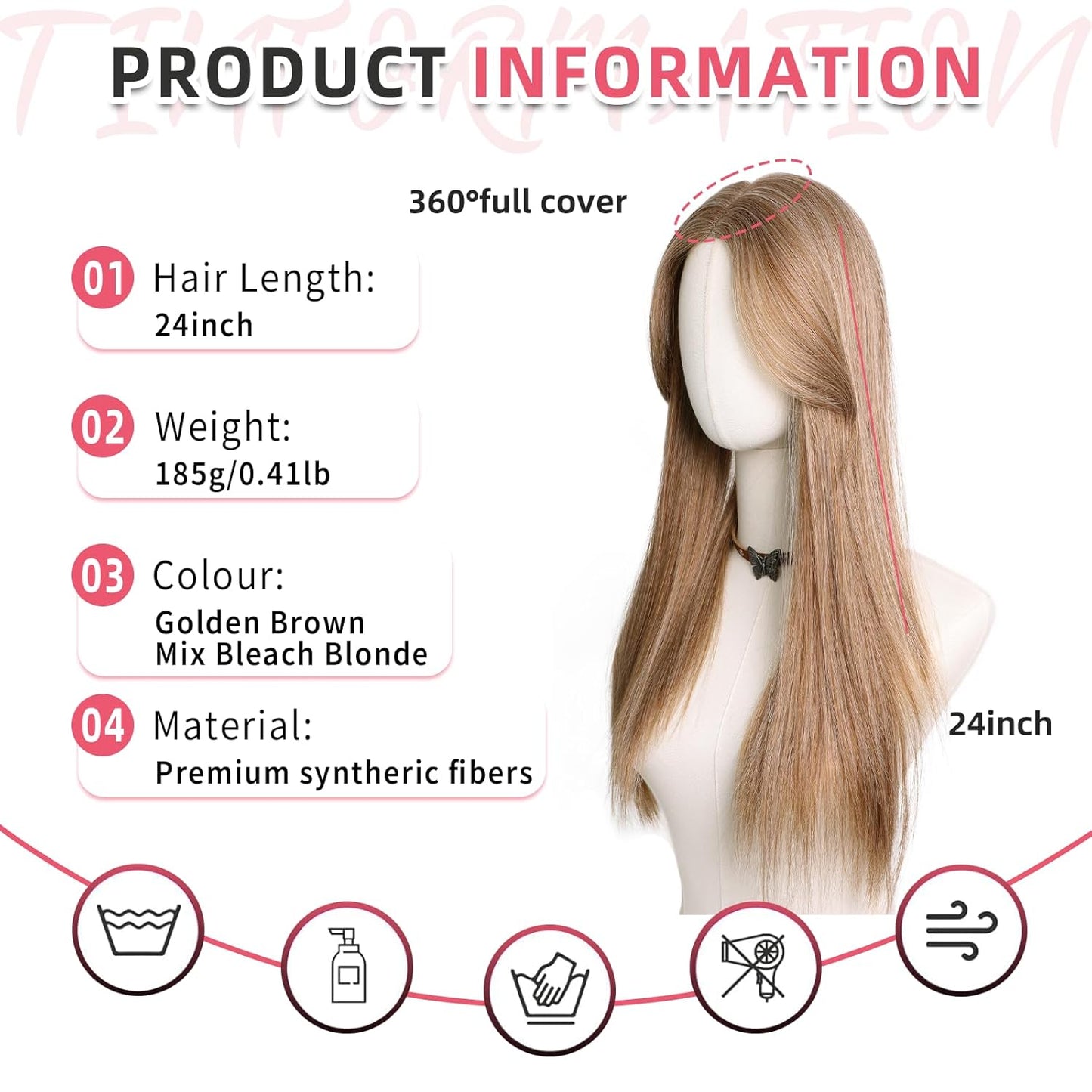 Clip-In Hair Toppers for Women - 24 Inch Straight Synthetic Hairpiece | Golden Brown & Bleach Blonde Mix