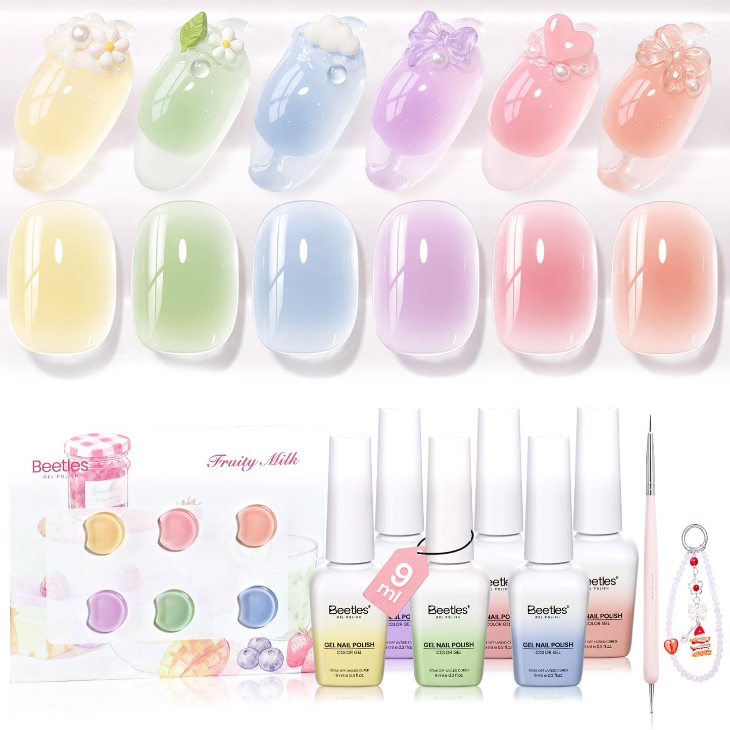 Beetles Fruity Milk Jelly Gel Nail Polish Set - 6 Colors Spring Pastel Gel Polish Kit Pink Purple Blue Peach Nude Green Yellow Sheer Translucent Effect Soak Off UV Nail Art Manicure Gift for Women