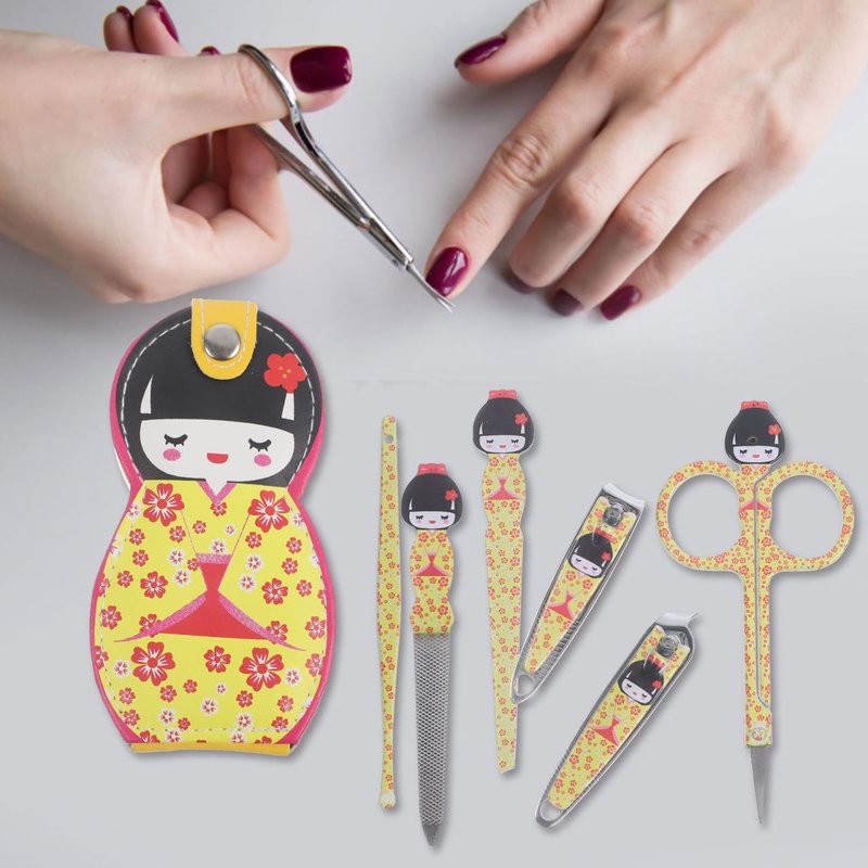 TOVINANNA 6Pcs Japanese Kimono Doll Manicure Set, Stainless Steel Nail Clipper Kit with Cute Storage Case, Portable Fingernail Grooming Tools for Women & Girls, Personal Nail Care, Random Color