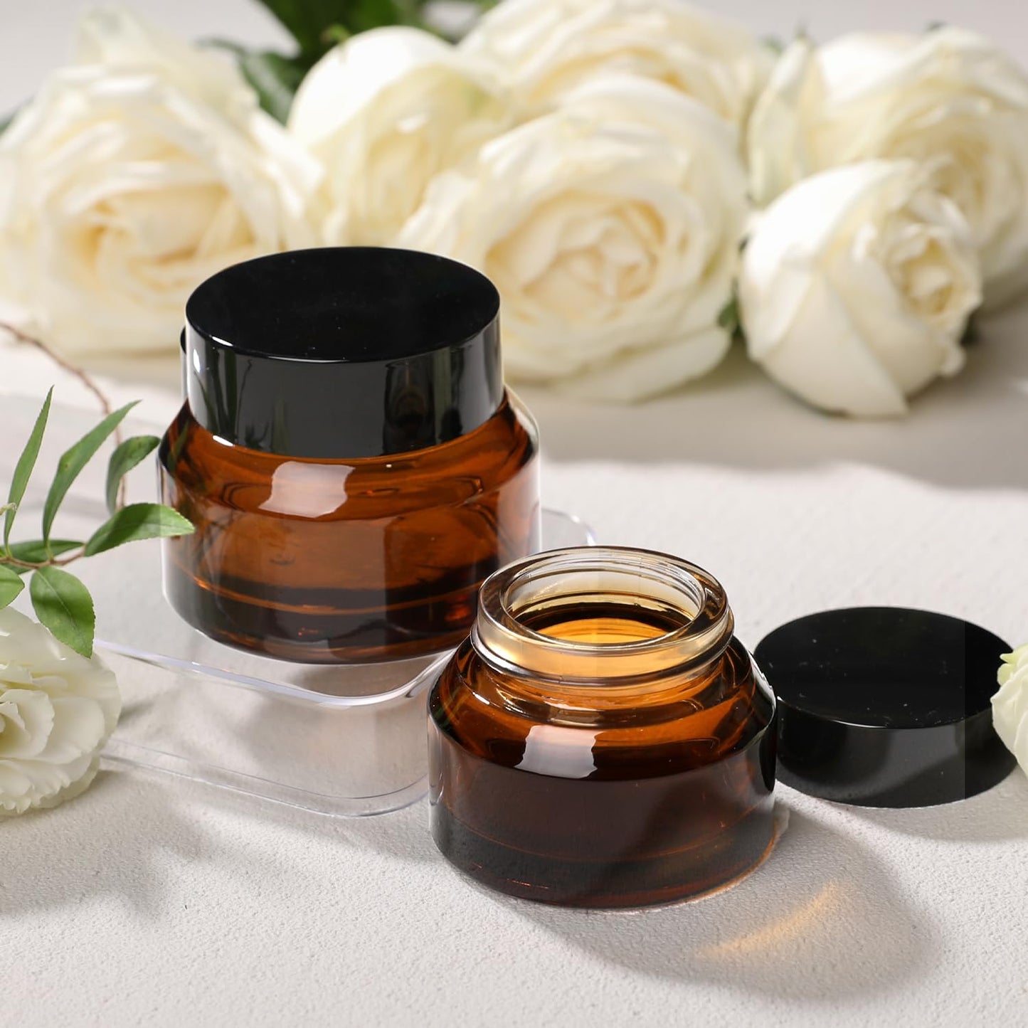 1 oz Glass Cosmetic Jars with Lids,3 Pack Amber Small Glass Jars with Lids,30 ml Empty Glass Makeup Containers for Sample, Cream, Lotion (1 oz, Amber)