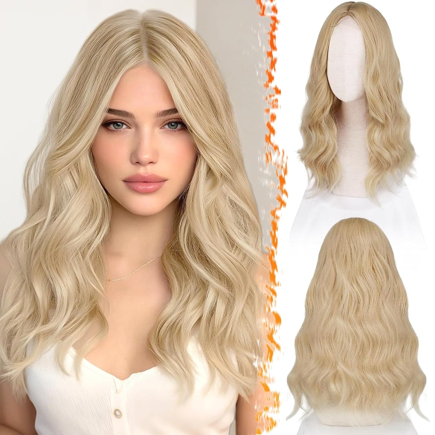 18 Inch Wavy Beige Blonde Wig - Medium Length Synthetic Wig for Women | Natural Soft Waves for Daily Wear & Parties