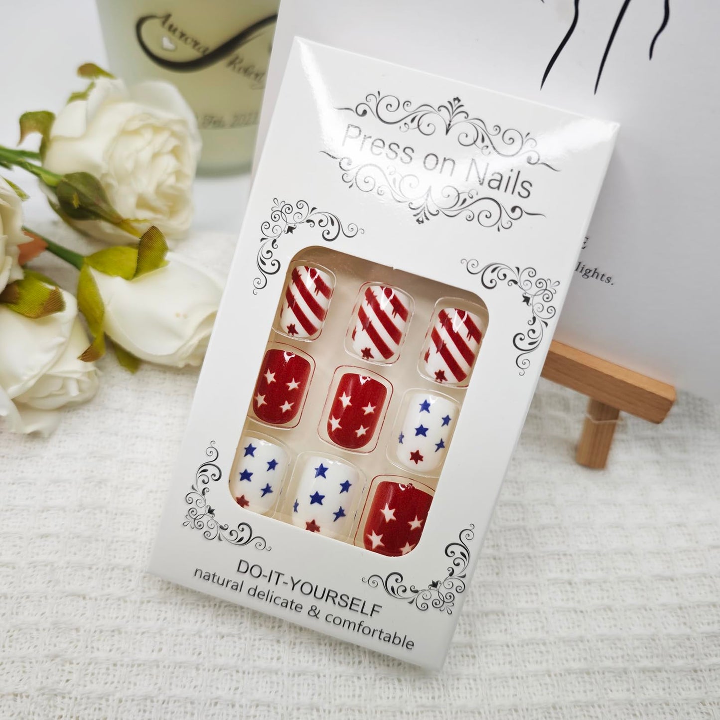 4th of July Press on Nails Short Square Fake Nails Stars and Stripes False Nails Glossy Acrylic Nails with Patriotic Designs Stick on Nails for Women Girls Independence Day Party Parade Nail Art