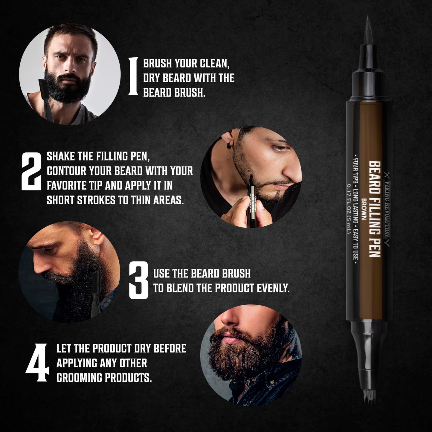 Viking Revolution Beard Pen (2 Pack) - Brown Beard Pencil Filler for Men Lapiz para Barba de Hombre - Beard Filler for Men Waterproof Beard Filling Pen Kit - Long Lasting Beard Filler Pen with Brush