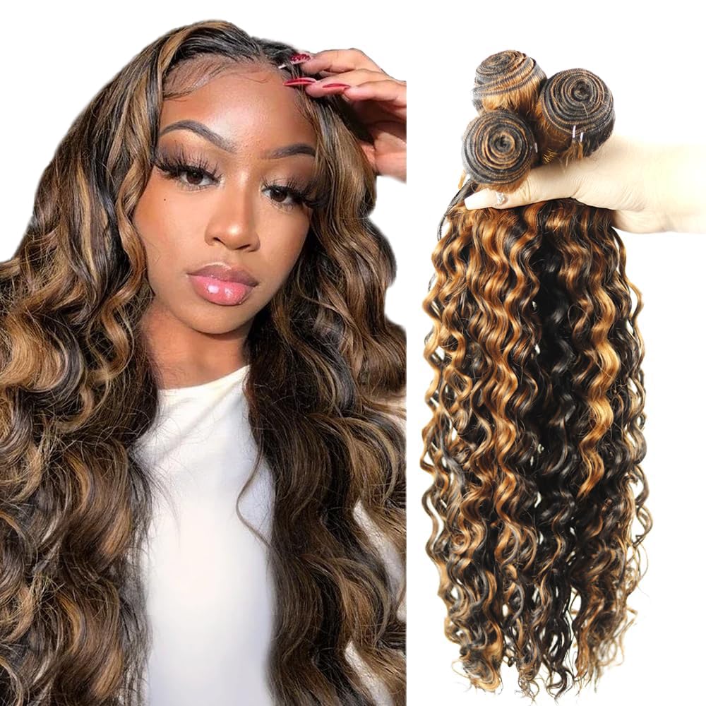 1b/30 Human Hair Bundles Highlight Deep Wave Bundle 12 14 16 Inch 300g Brazilian Virgin Hair 3 Bundles Ombre Brown Bundle Human Hair Extensions