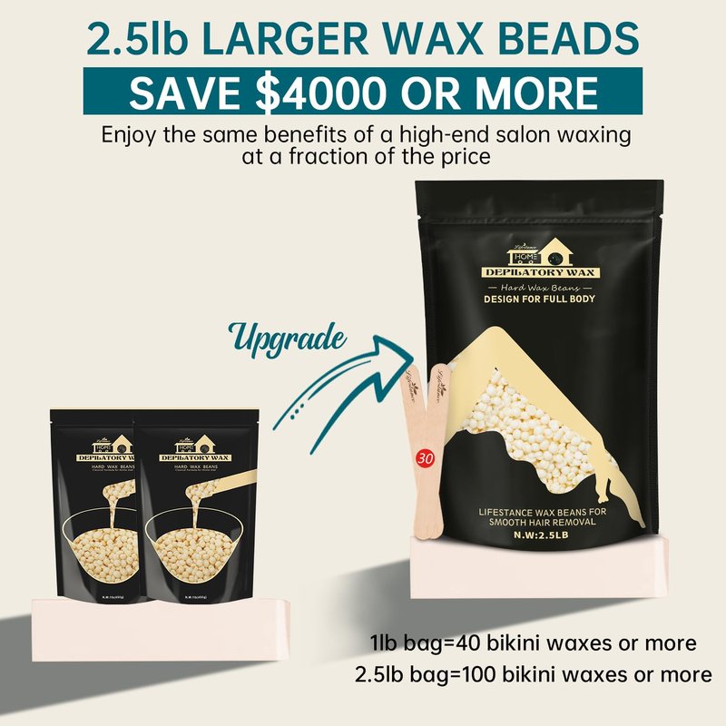 Lifestance 2.5lb Wax Beads Kit, Cream Hard Wax Beans For Hair Removal Eyebrow Face Underarm, Waxing for Brazilian Bikini Coarse Hair Women Men Large Pearl Beads Refill for Wax Pots