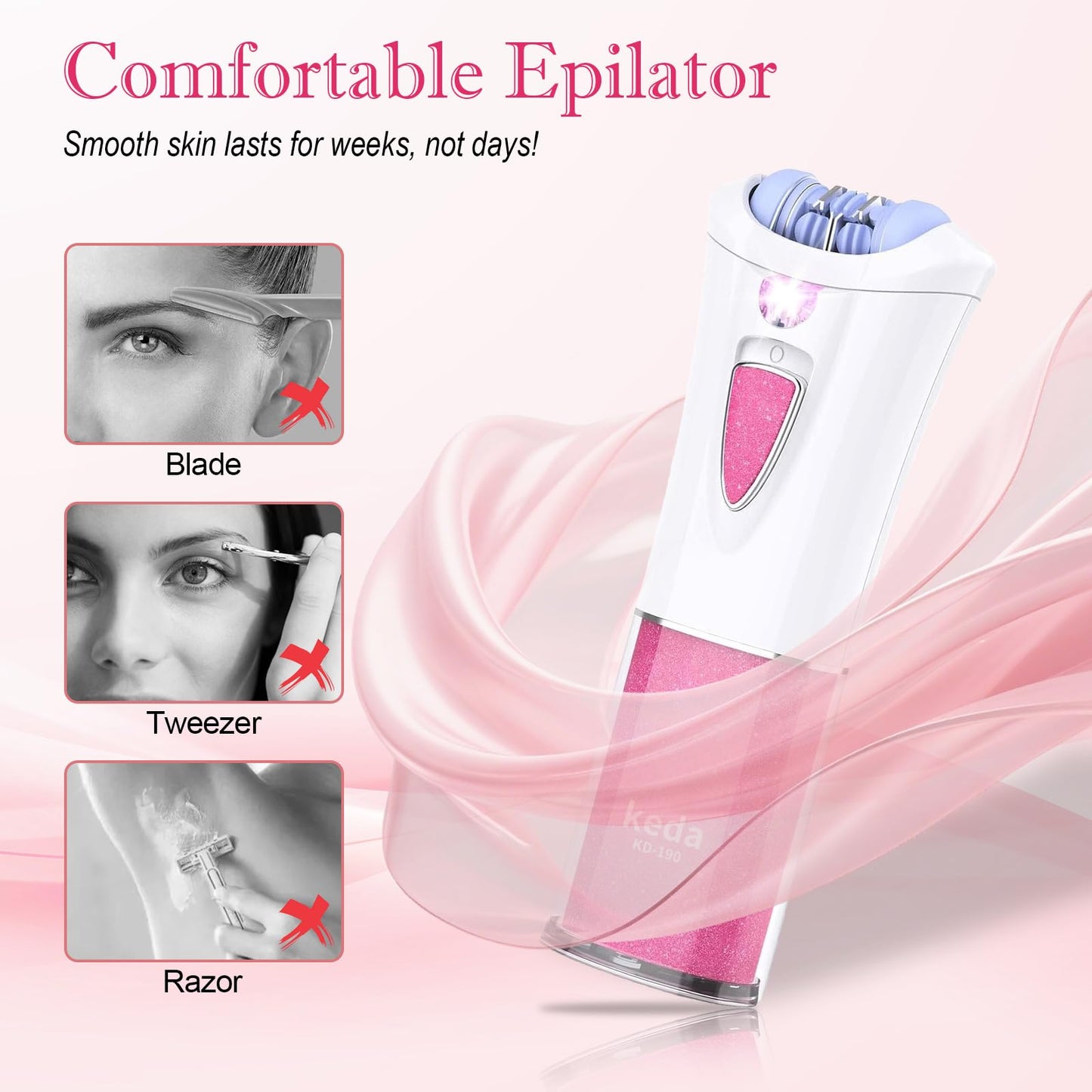 Skin Epilator, 2025 New Skin Hair Remover for Face, Facial Hair Removal for Women with LED Light, Cordless Epilators Hair Removal for Facial, Arms, Legs and Bikini (Pink)