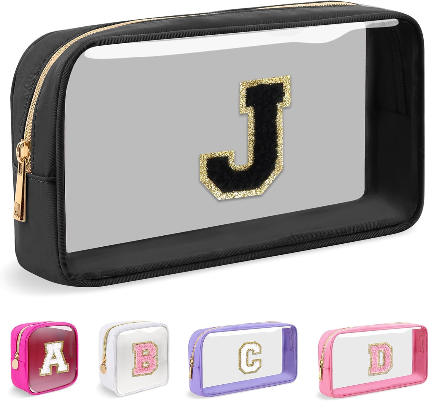 Personalized Initial Makeup Bag - Waterproof Nylon Cosmetic Pouch | A-Z Chenille Letter Patch, White-Pink G