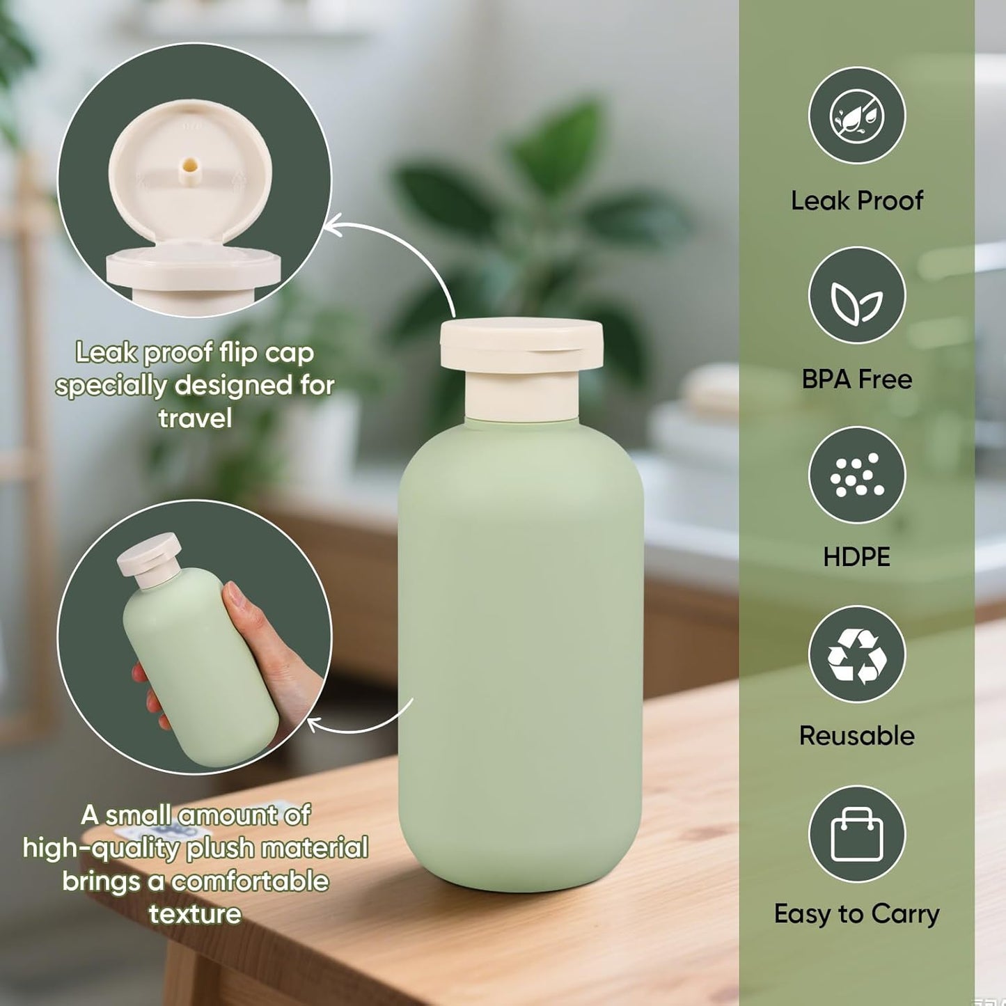 Travel Bottles for Toiletries - Leak Proof Refillable Squeeze Containers | 6.6oz, Green, 4 Pcs