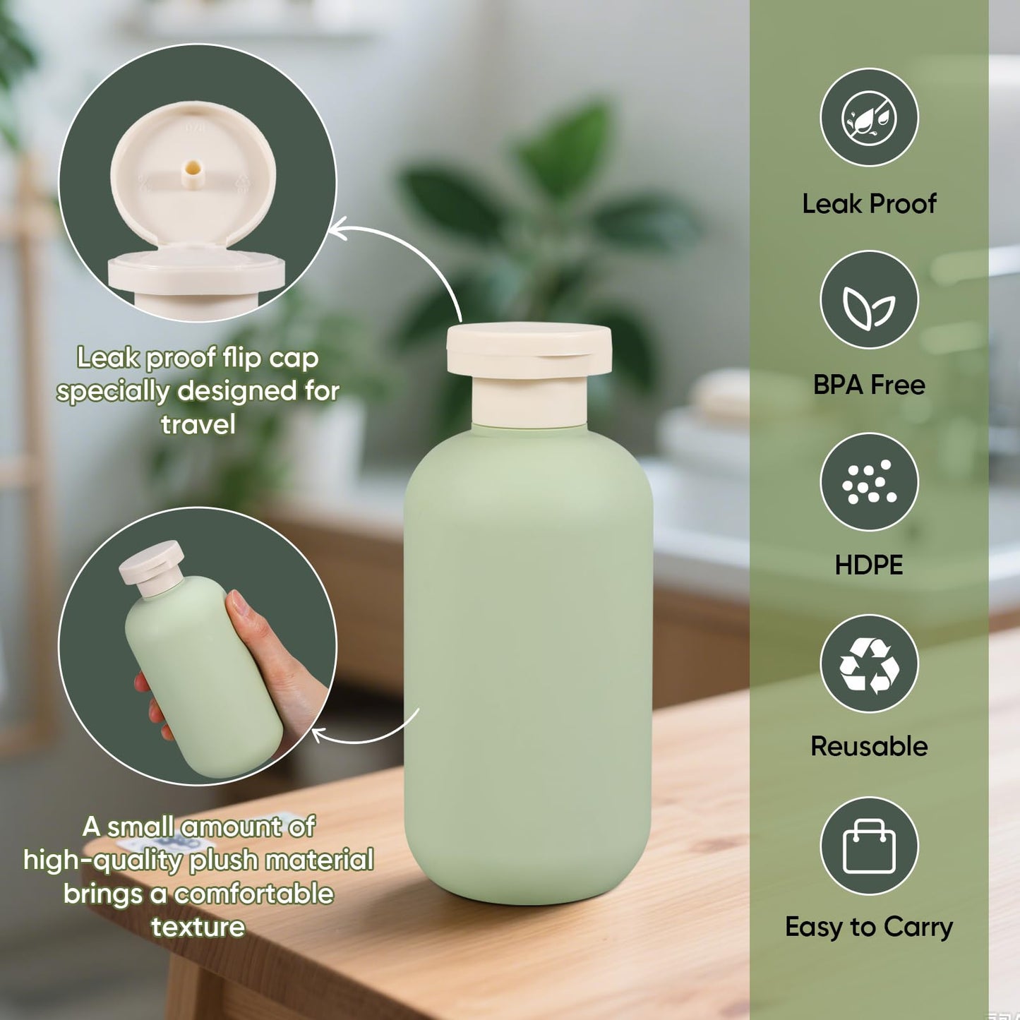 DEMORA 6.6oz Travel Bottles for Toiletries, Larger Plastic Travel Squeeze Bottles Leak Proof Refillable Toiletry Containers with Flip Caps and Labels for Shampoo Conditioner Lotion (Green, 4 Pcs)