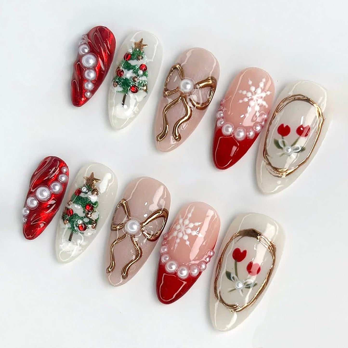 French Tip Press-On Nails - 24 Pcs Medium Almond with 3D Flower & Gold Rhinestones | Full Cover Nude Artificial Nails