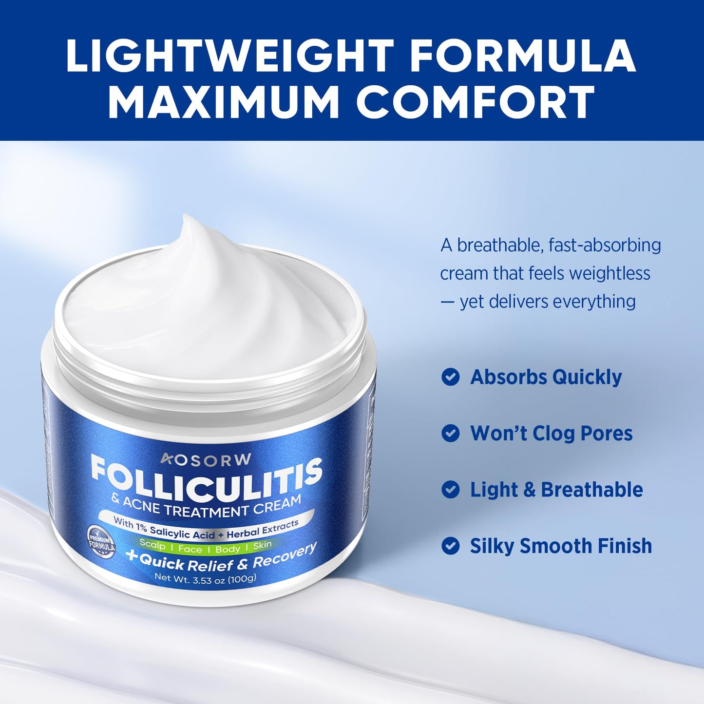 AOSORW Folliculitis & Acne Treatment Cream - 1% Salicylic Acid Acne Treatment - for Face, Scalp & Body - Helps Treat Acne and Prevent New Acne Blemishes - with Herbal Extracts - 3.53 oz (Pack of 1)