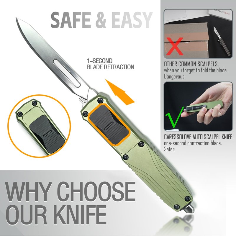 Caressolove EDC Retractable Scalpel Knife, Fast Open Automatic Utility Knife, Auto Box Cutter with 10PCS #23 and 3PCS 0.4mm thick #60 Scalpel Blades