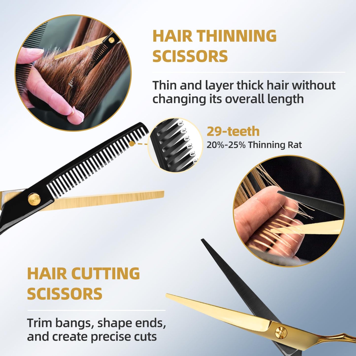 Ethyxe Hair Cutting Scissors Kit - 9 PCS Professional Haircut Scissors Set with Stainless Steel Straight and Thinning Shears for Home, Salon, and Barber Use (Black & Gold)