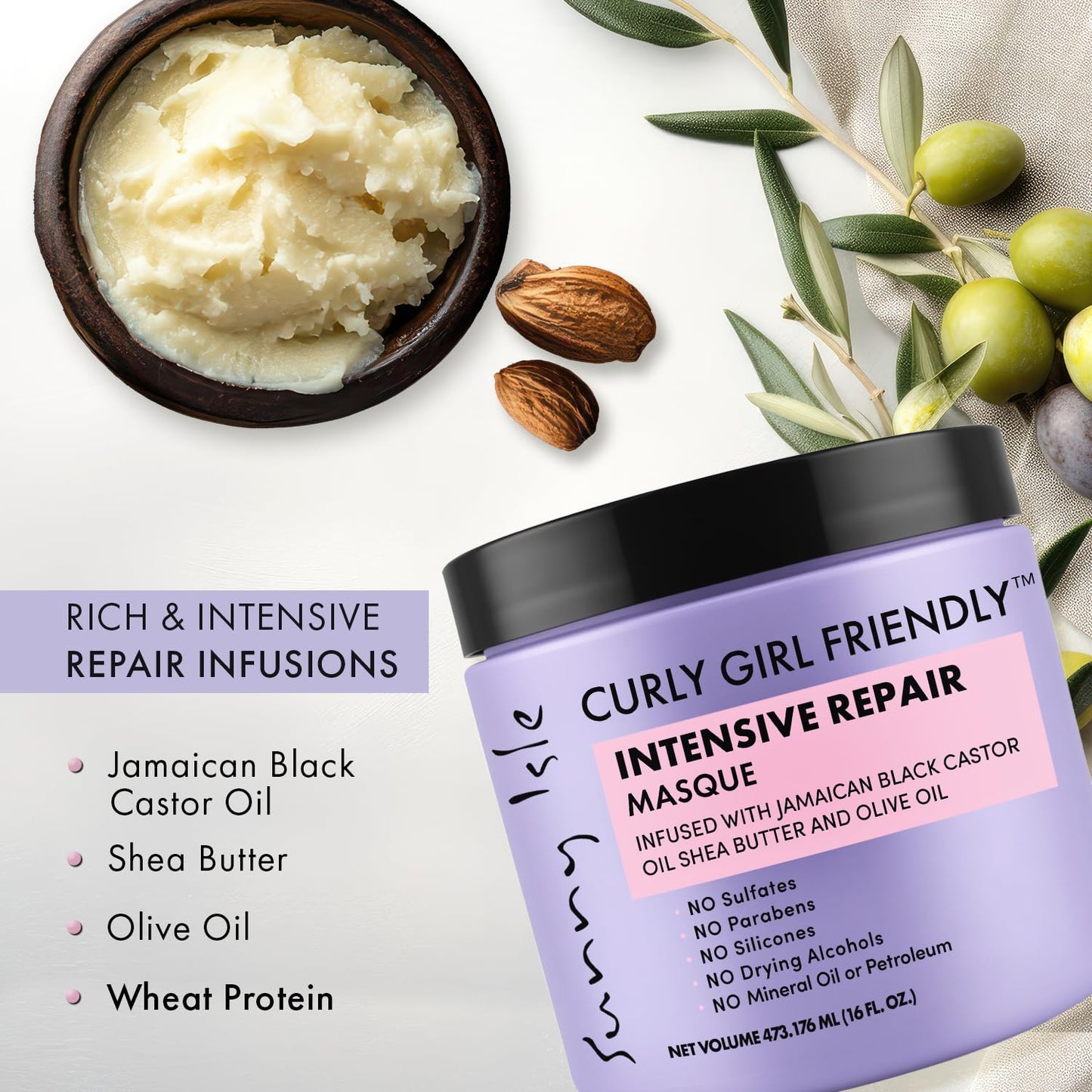 Curly Girl Friendly Intensive Repair Masque - Deep Conditioning Treatment for Curly, Wavy & Coily Hair | Jamaican Black Castor Oil & Shea Butter, 16oz